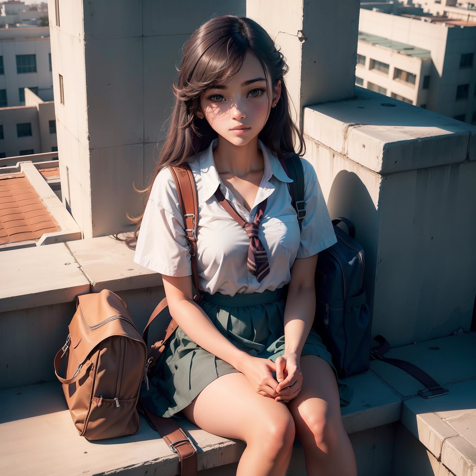 Asian girl sitting on train in short skirt and bow tie, cute female student, Japanese school uniform for girls, wearing a Japanese school uniform, Japan School Uniform, surreal school girl, dressed as schoolgirl, surreal school girl, in school uniform, Realistic schoolgirl, girl in uniform, Girl in school uniform, of a schoolgirl posing, bangs, Surrealism, UHD, masterpiece, ccurate, retina, textured skin, super detail, high details, high quality, award winning, best quality, highres