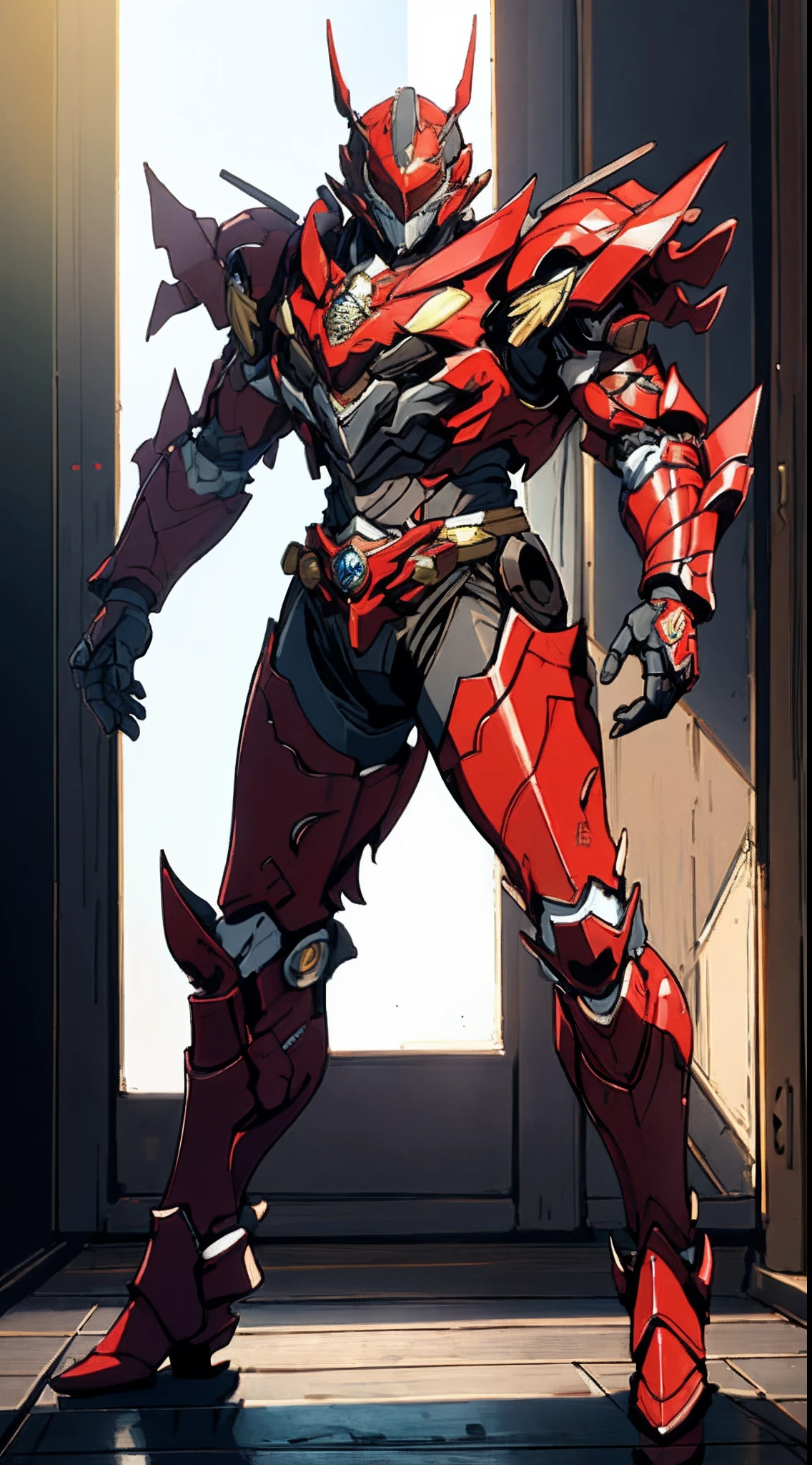 A man wearing a full-face helmet that covers most of his face, adorned in a biomimetic fantasy-style armor, the predominant black color is accented with red textures in the design this character embodies a finely crafted fantasy-style armored warrior design in anime, ((character concept art)), full body character drawing, high definition, best quality, ultra-detailed, extremely delicate, anatomically correct, symmetrical face, extremely detailed eyes and face, high quality eyes, creativity, RAW photo, UHD, 16k, (Natural light, cinematic lighting, masterpiece:1.5)