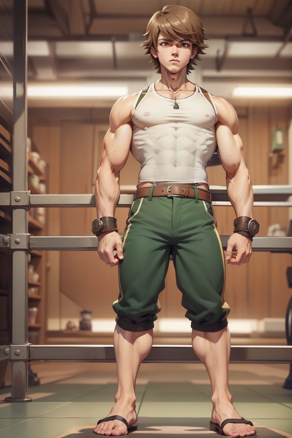 muscular  muscular body, imposing body,Imposing appearance, muscular arms, muscular legs, only body, trapezoid torso, sturdy body, muscular body, defined round and fleshy pecs, defined washboard ABS, defined armsmuscular male soloanime boy, chihiro fujisaki, danganronpa, kid petite brown floppy hair huge bulge young