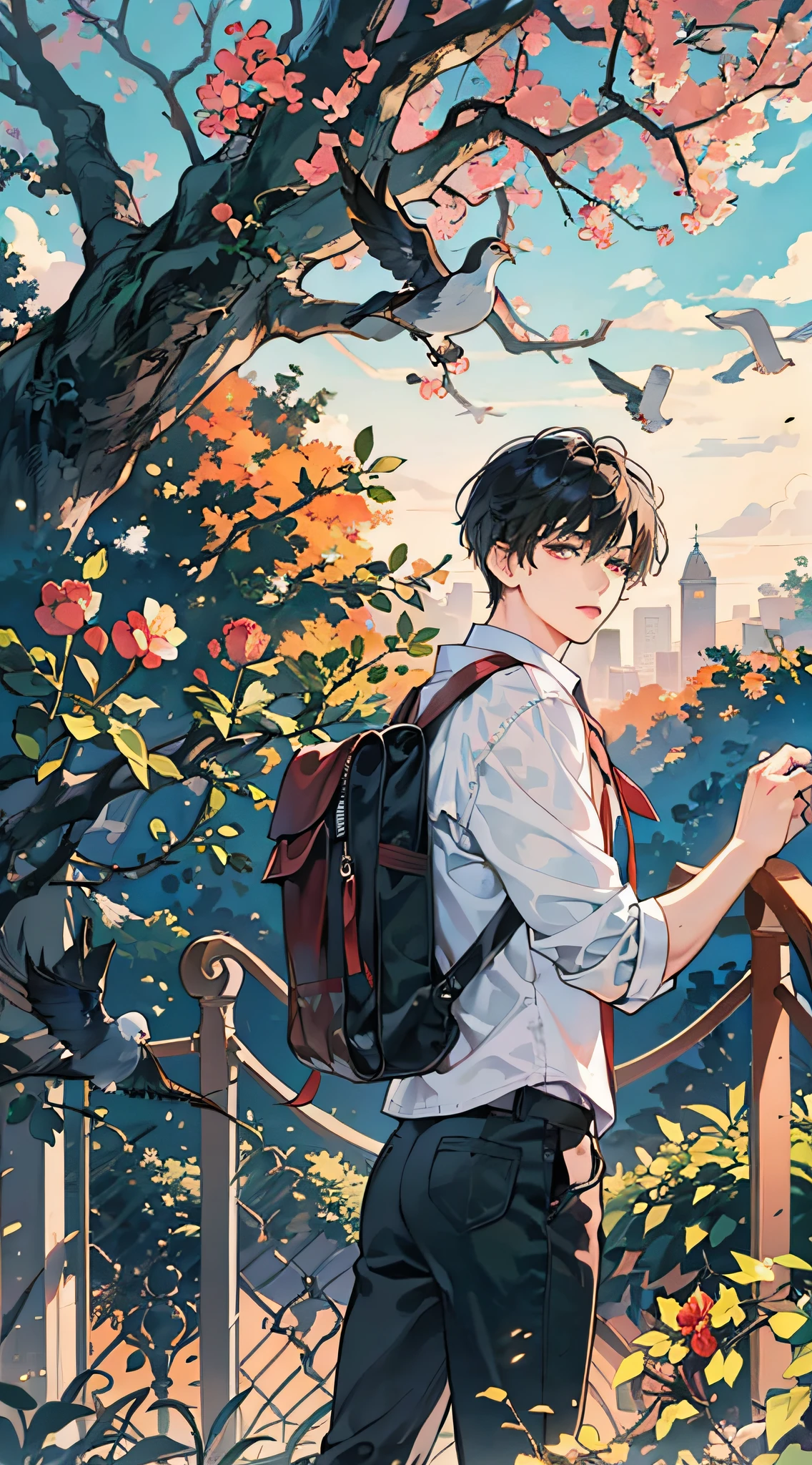 Masterpiece, Best quality, 1boy, Male focus, Handsome, residential area, fence, Spindle tree, Afternoon sun, The way home from school, school uniform, Backpack, Flock of Birds, From the immediate side, Depth of field , looking to the camera