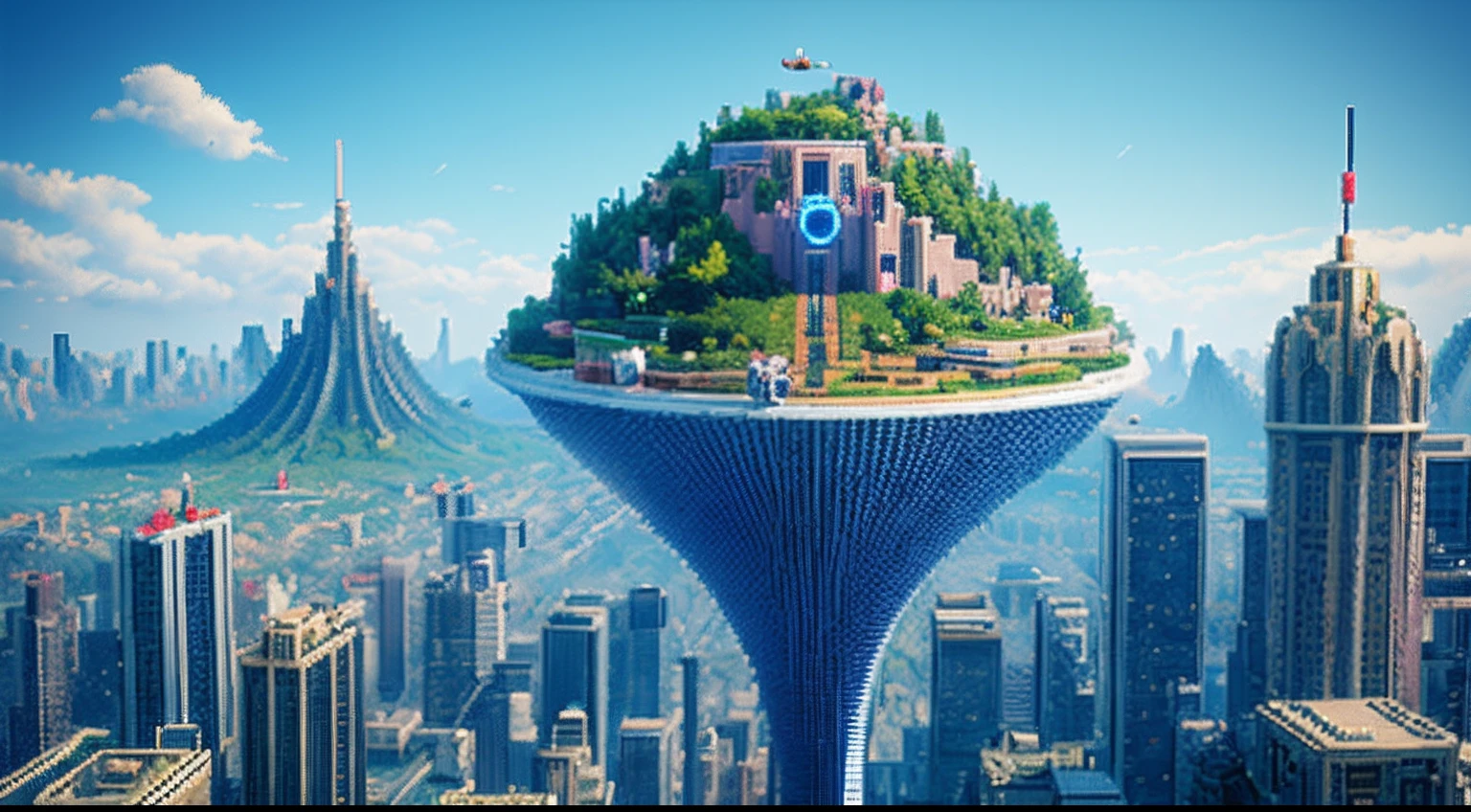 pixel game，scenography，fantastical scenes，Space City，levitating， Pixel art #pixelart