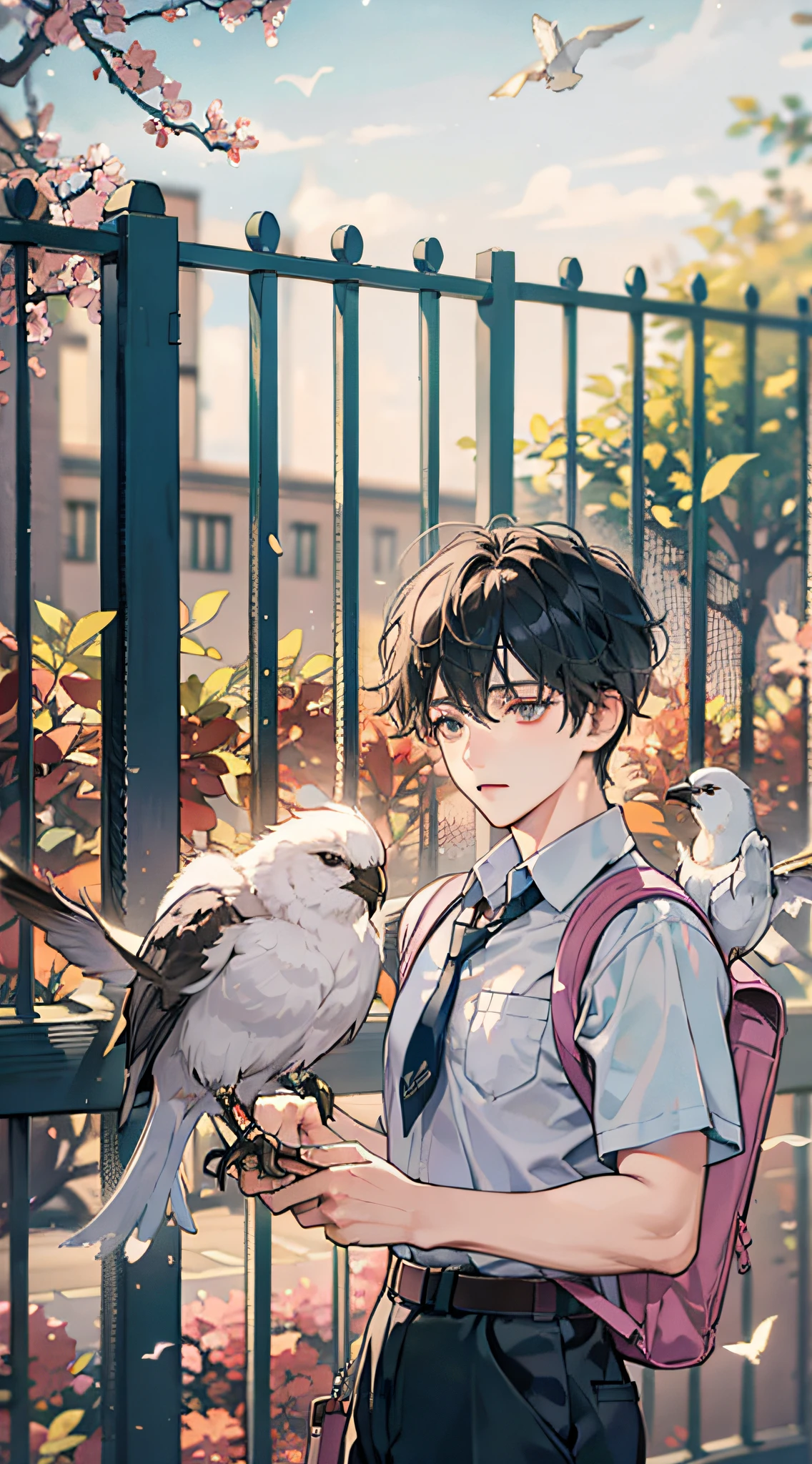 Masterpiece, Best quality, 1boy, Male focus, Handsome, residential area, fence, Spindle tree, Afternoon sun, The way home from school, school uniform, Backpack, Flock of Birds, From the immediate side, Depth of field , looking to the camera