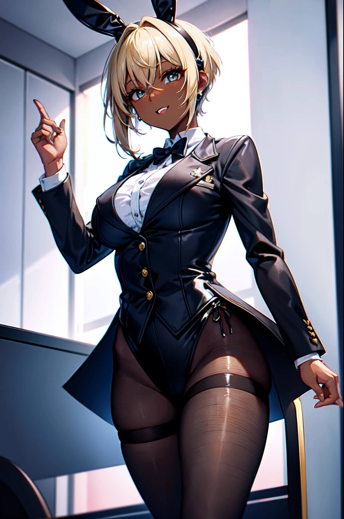 Transcendently Beautiful Girl, (masterpiece face, masterpiece eyes:1.1), BREAK, (black gal), (Dark skin:1.5), (pixie cut hair:1.3), (blonde hair, short shaved sides, very short back, very short side, under cut, side cut:1.3), BREAK, Flat_Chest, Huge_breasts, wide_lower back, Open your mouth and laugh smile, (long eyelashes, makeup), BREAK, Bunny Girl, rabbit ear headband, Rabbit tail, Enamel Leotard, (tailcoat jacket:1.3), bowtie, Black_pantyhose, high_heels, BREAK, (Five Fingers, 4fingers and 1thumb), Casino, Lots of coins, Masterpiece, best quality, captures a super cute moment, depth of field, ultra detailed, ultra high resolution, C4D, Octadale, 3D modeling, 8k, 16k,