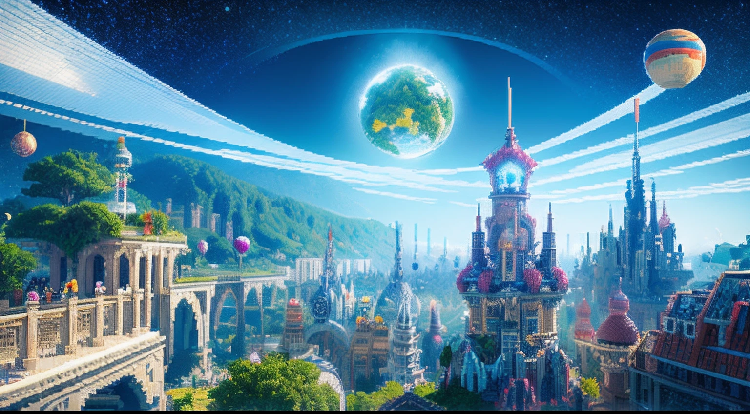 pixel game,scenography,fantastical scenes,Space City,levitating, Pixel art #pixelart