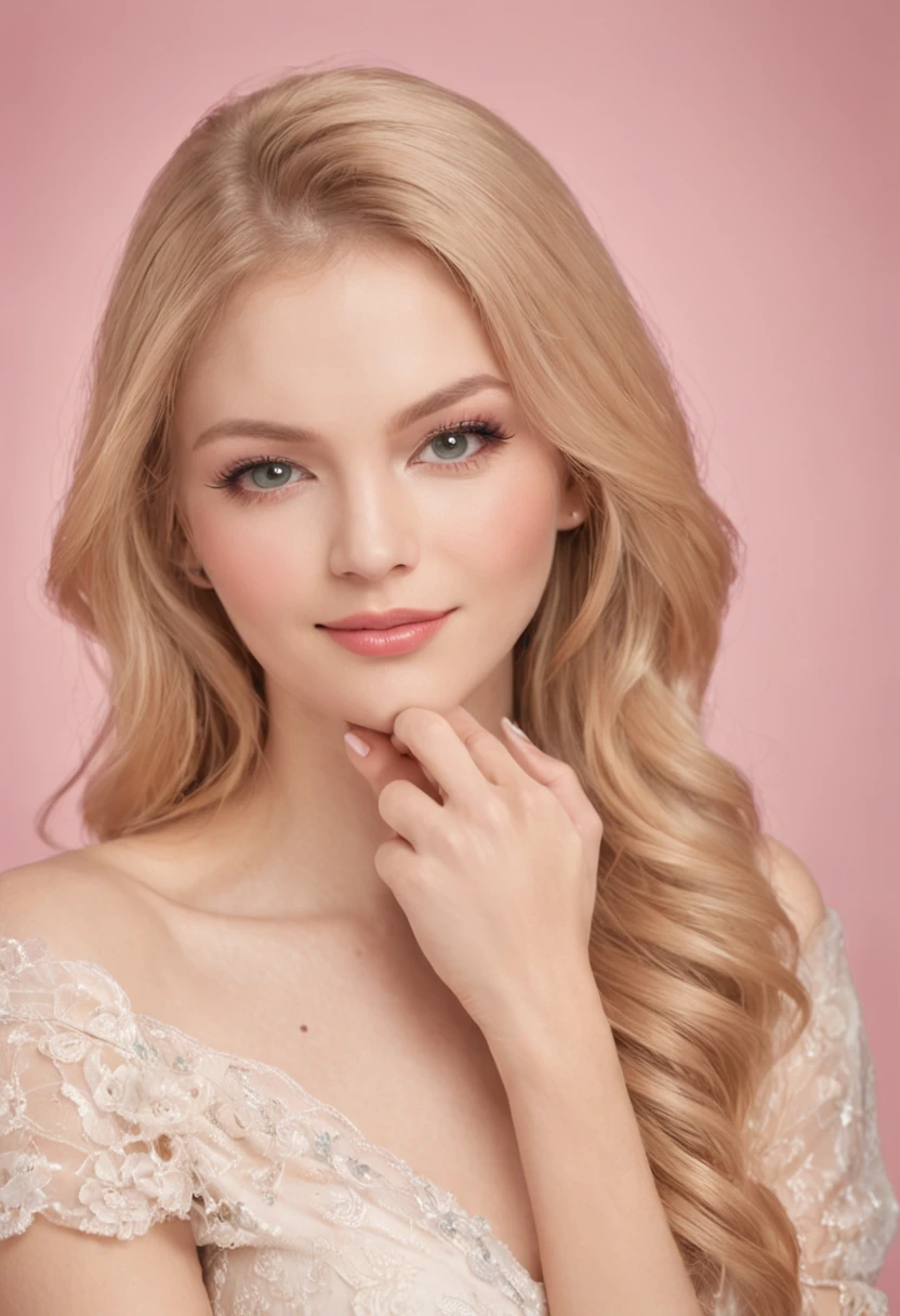 Long and silky hair, golden blonde, bright teal eyes, long and curled eyelashes, arched and defined eyebrows, light and even complexion, plump and rosy lips, radiant smile with white and aligned teeth, straight and proportional nose, high cheekbones, well-defined jawline, slender neck, slim and toned figure, proportional bust and hips, narrow waist, long and toned legs, well-kept feet with painted nails, soft hands with long and well-maintained nails, smooth skin without imperfections, graceful posture, melodic voice, delicate and pleasant aroma, charisma and confidence, intelligence and sharpness, keen sense of humor, exceptional communication skills, passion and determination, understanding and empathetic, stylish and elegant clothing, discreet but elegant jewelry, natural and enhancing makeup, positive and optimistic attitude, cultural and artistic knowledge, linguistic skills, musical or artistic talent, adaptability and resilience.