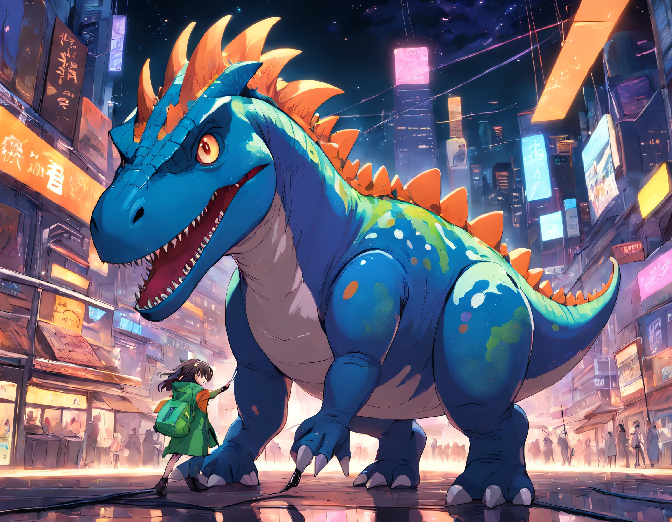 Features a dinosaur holding a digital paint palette or stylus. You can display circuits or codes as part of the tools, Representing the fusion of art and technology.
