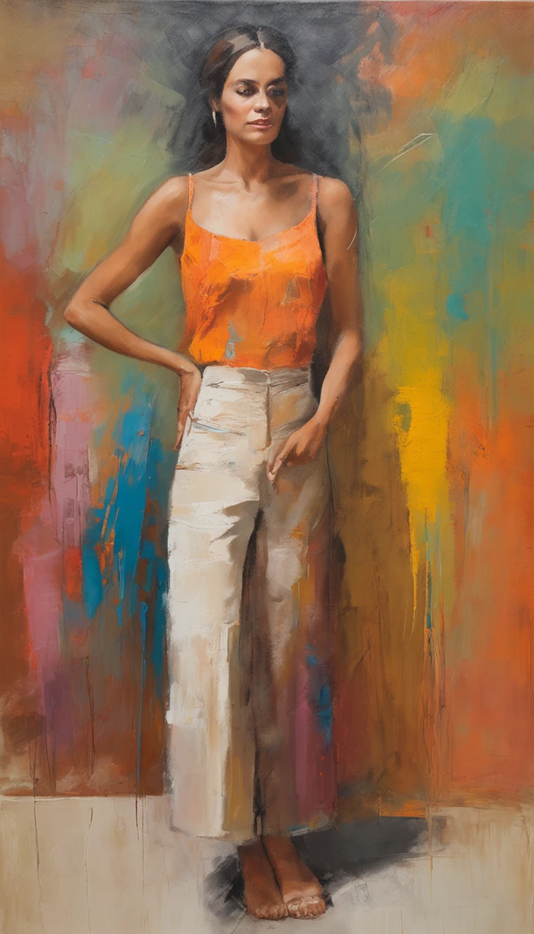 Hermosa joven morena con rulos, argentina, Standing on stage at a folk recital, Llevar una remera sin mangas con tirantes con el texto "Folclore Anuritay" impreso, Clothes in rustic colors, vaqueros, hipy, in front of camera, realista, Detalles de gran intrincado, (obra maestra ), 32K
