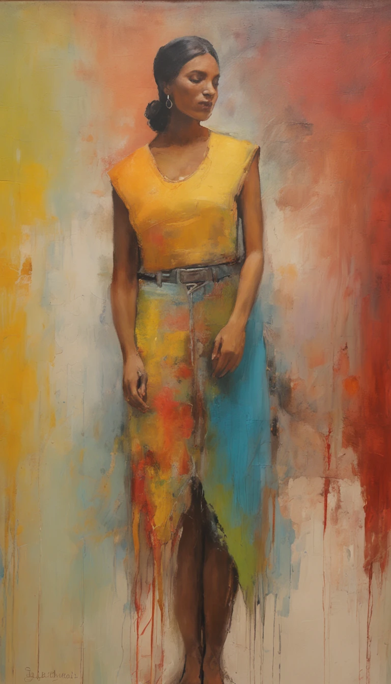 Hermosa joven morena con rulos, argentina, Standing on stage at a folk recital, Llevar una remera sin mangas con tirantes con el texto "Folclore Anuritay" impreso, Clothes in rustic colors, vaqueros, hipy, in front of camera, realista, Detalles de gran intrincado, (obra maestra ), 32K