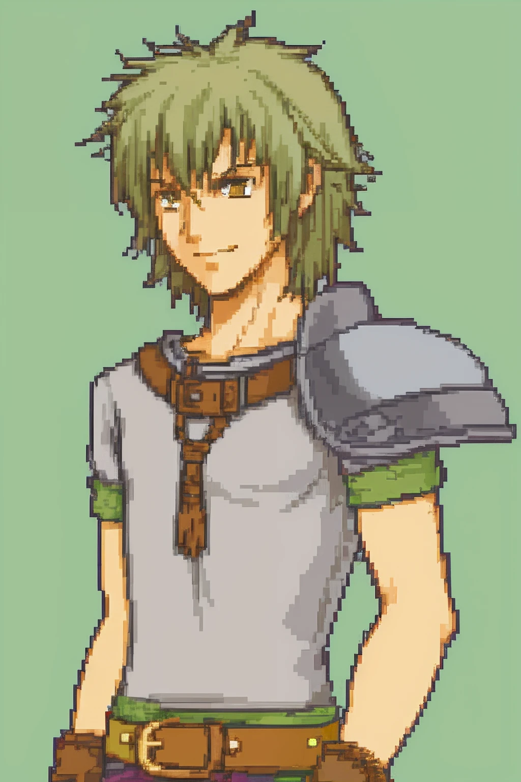 solo focus, Vanilla Fire Emblem, Desaturated Sprite, Halfbody, no frames, dark green hair, brown eyes, snarky, smug face, messy hair, light armor, Pegasus Knight, young man, slim, one person, twink, smiling, attractive, handsome