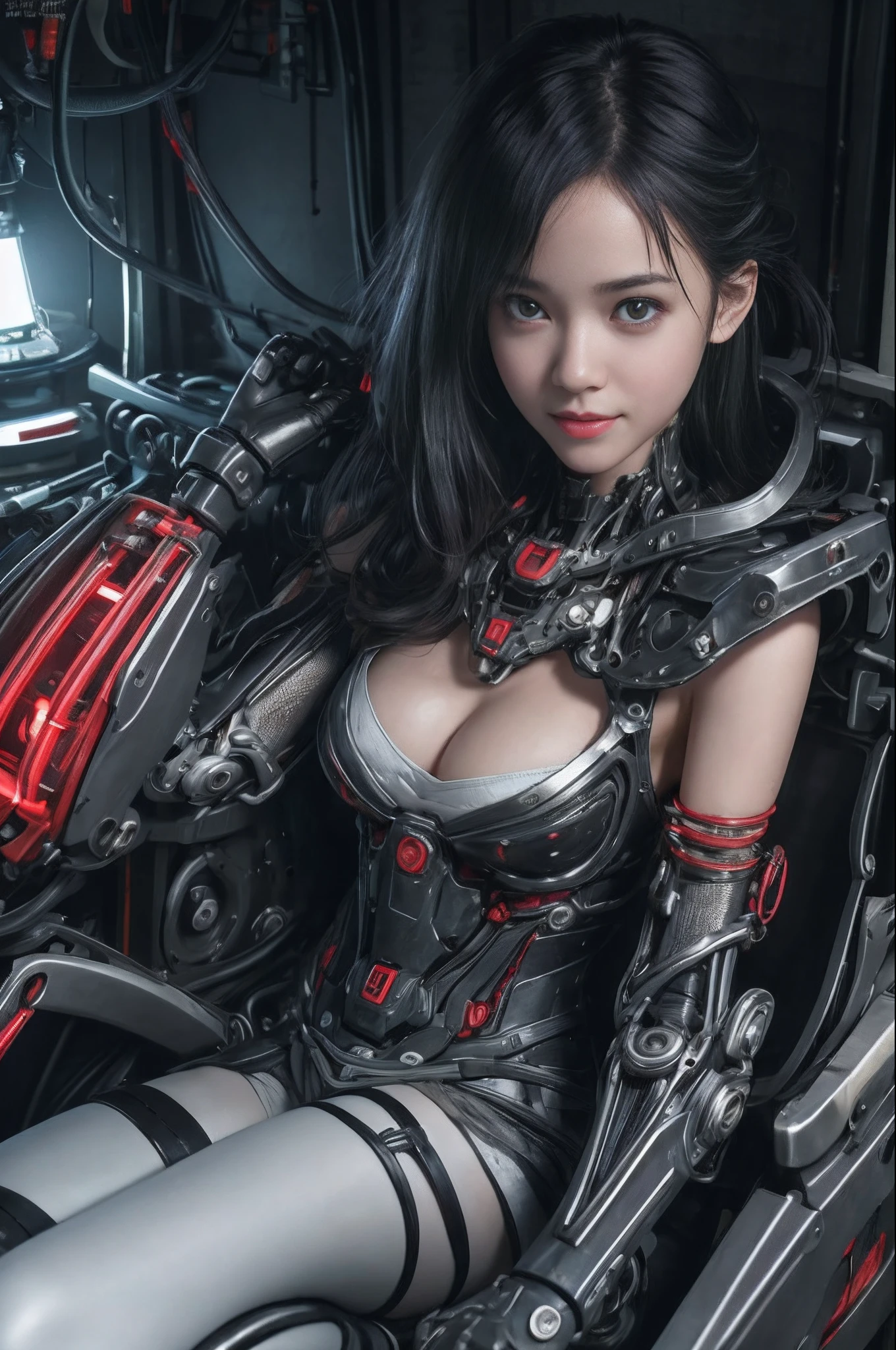 of the highest quality, masutepiece, Ultra High Resolution, (Photorealistic: 1.4), Raw photo, 1 Cyberpunk Girl, Black hair, Glossy skin, 1 Mechanical Girl, (super realistic details)), Full body, Global Illumination, Contrasty, shadowy, Octane Rendering, 8K, ultrasharp, Cleavage exposed, Raw skin, Metal, Intricate decoration details, Japan details, high intricate detailed, Realistic light, Trends in CG, Facing the camera, neon details, Mechanical limbs, blood vessels connected to tubes, Mechanical vertebrae attached to the back, Mechanical cervical attachment to the neck, Wires and cables connecting to the head, Gundam, Small LED lamps. girl、silber hair、Perfectly round pupils、Tremendous irisディテール, light smile