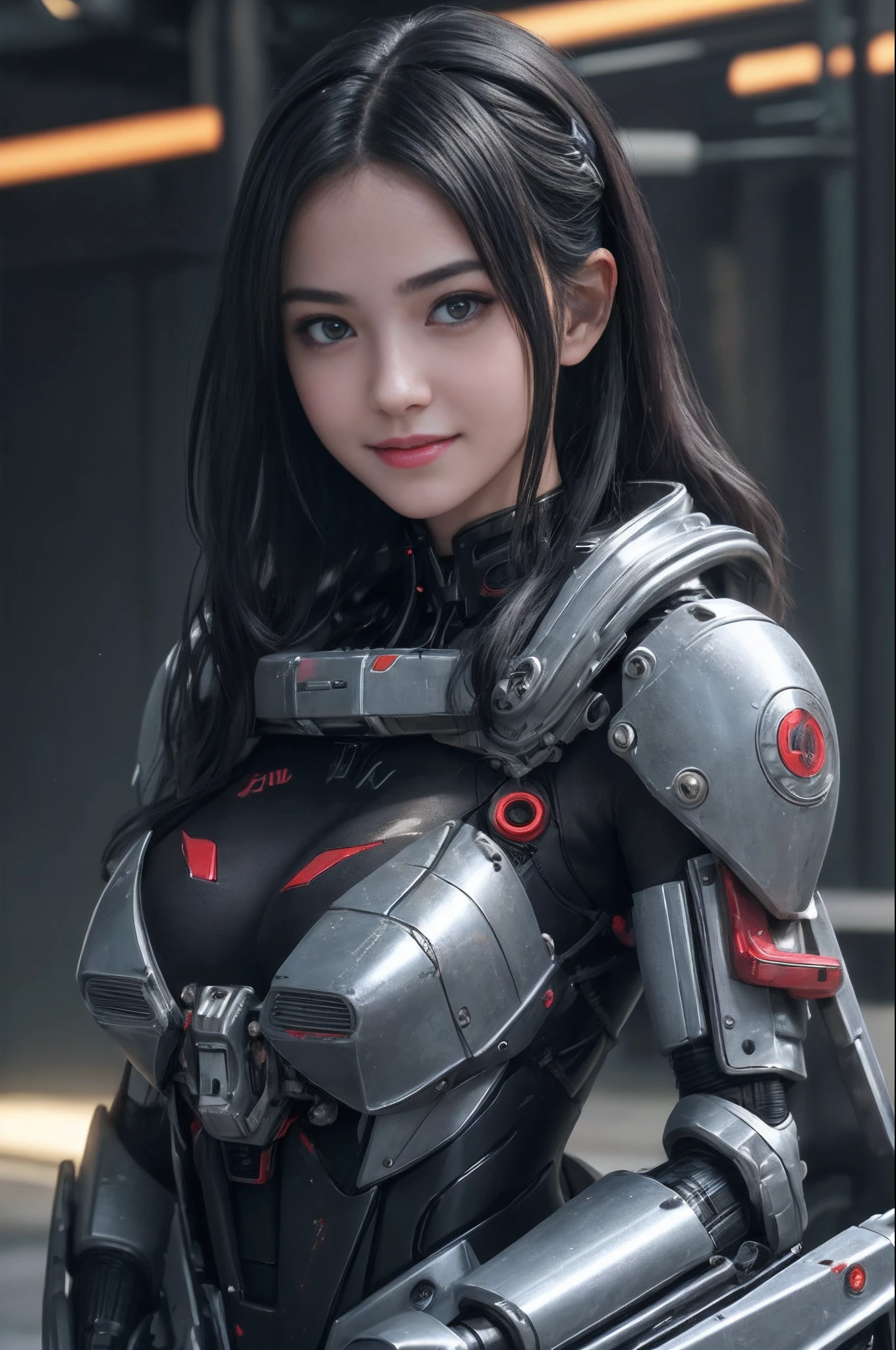 of the highest quality, masutepiece, Ultra High Resolution, (Photorealistic: 1.4), Raw photo, 1 Cyberpunk Girl, Black hair, Glossy skin, 1 Mechanical Girl, (super realistic details)), Full body, Global Illumination, Contrasty, shadowy, Octane Rendering, 8K, ultrasharp, Cleavage exposed, Raw skin, Metal, Intricate decoration details, Japan details, high intricate detailed, Realistic light, Trends in CG, Facing the camera, neon details, Mechanical limbs, blood vessels connected to tubes, Mechanical vertebrae attached to the back, Mechanical cervical attachment to the neck, Wires and cables connecting to the head, Gundam, Small LED lamps.14 years old girl、silber hair、Perfectly round pupils、Tremendous irisﾃﾞｨﾃｰﾙ, light smile