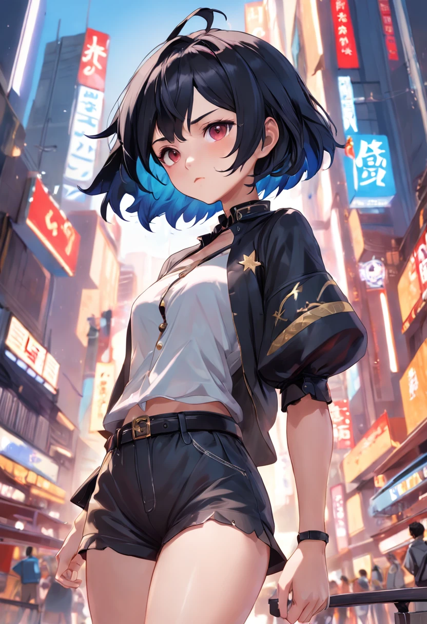 Make an illustration of an Asian girl with short black hair, fazendo cosplay do personagem cowboy do jogo Identity V em uma pose de modelo