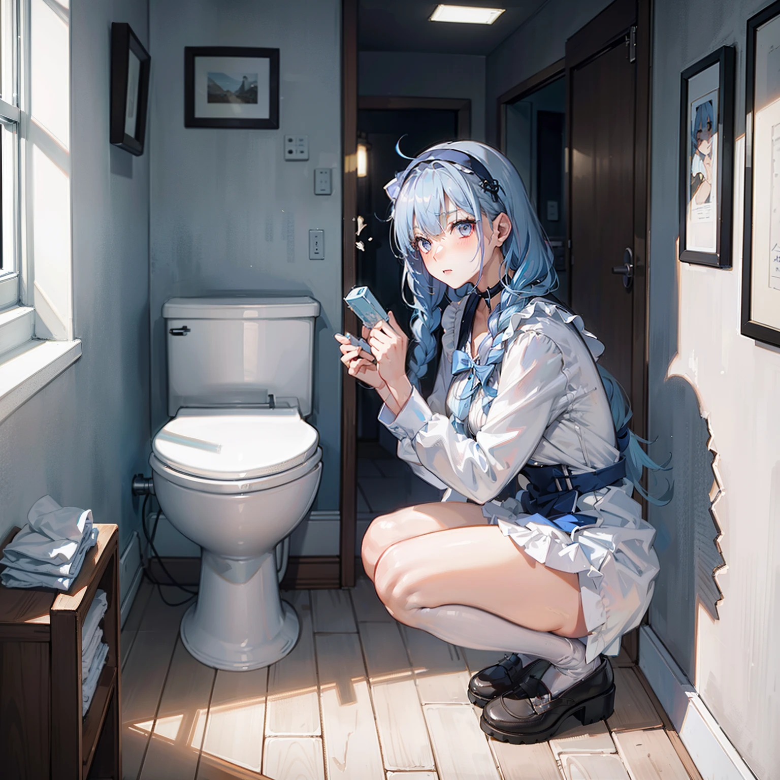 Woman with light blue hair doing toilet、A look of shame、shame、naked、randome pose、Maids（Messy light）、（Best Highlights）、（Best Shadows）、（highestdetailed）、（Highest image quality 8K）、（masutepiece）