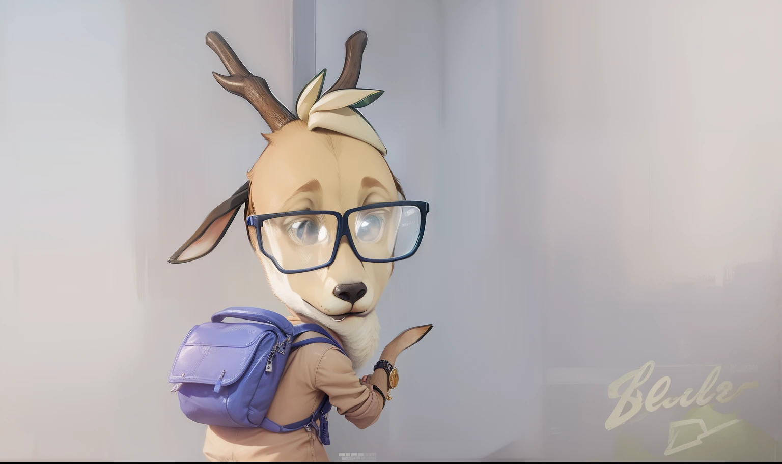 a glasses deer boy, blue backpack, realistic, super detail