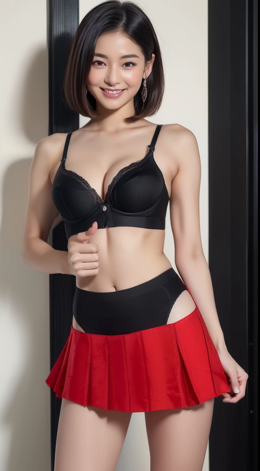 ((top-quality、8K、masterpiece:1.3))、1girl in、full body Esbian、Slim Abs Beauty:1.3、(Hairstyle Casual、Colossal tits:1.2)、(Red Setup:1.1)、(Lift the hem of the skirt yourself:1.4)、(Black thin fabric underwear:1.3)、Super fine face、Delicat eyes、二重まぶた、A smile、Home、
