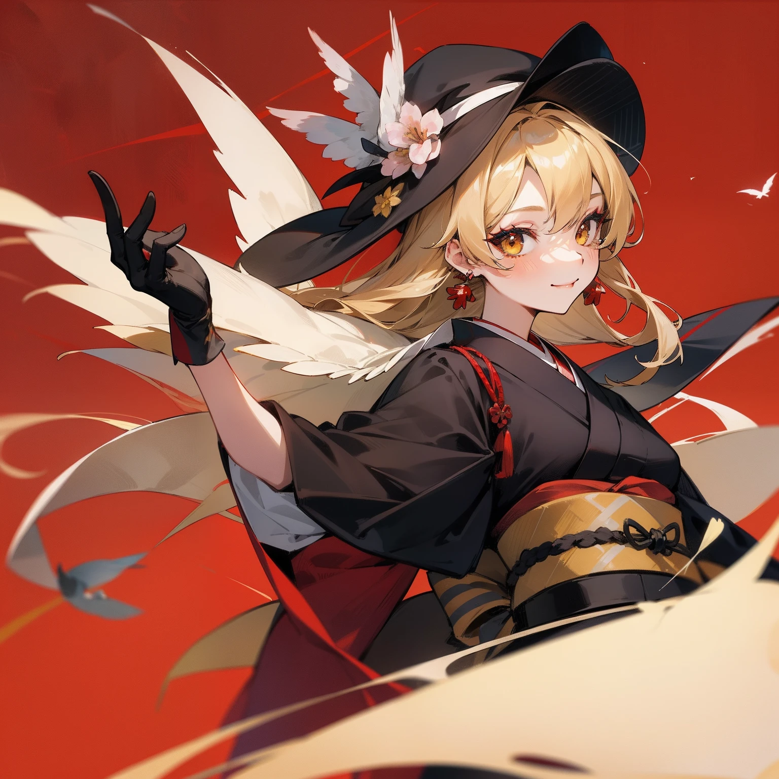 A person in a geisha costume holding a bird on a red background, one girl, Marisa Kirisame, hat, gloves, Japanese clothes, solo, blonde, earrings, jewelry, bird, kimono, long hair, black gloves, beret, smile , obi, obi, stripes, look at viewer, makeup, bangs, yellow eyes, hat flower