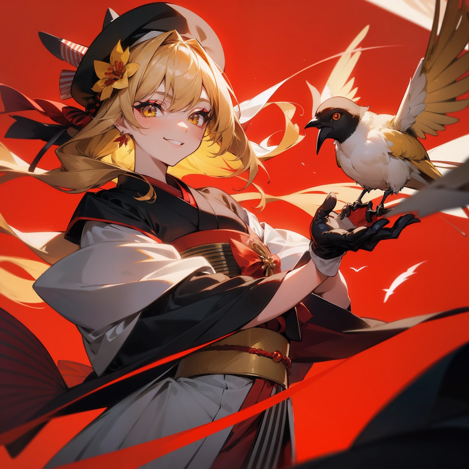 A person in a geisha costume holding a bird on a red background, one girl, Marisa Kirisame, hat, gloves, Japanese clothes, solo, blonde, earrings, jewelry, bird, kimono, long hair, black gloves, beret, smile , obi, obi, stripes, look at viewer, makeup, bangs, yellow eyes, hat flower