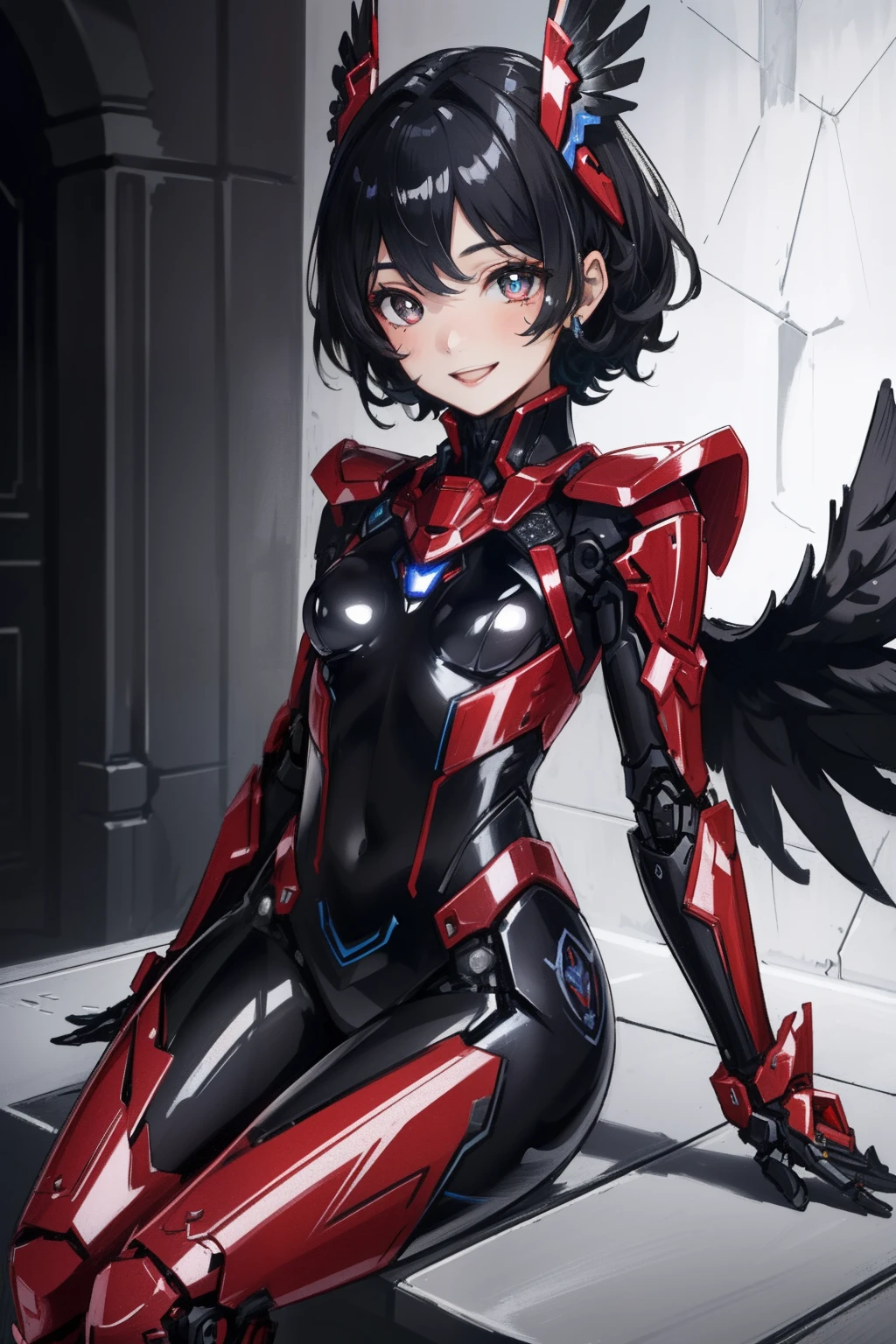 (​master piece, Best Quality), Intricate details, valkyrie, kawaii, (((Cheerful smile))), Opens mouth and laughs, Looking at Viewer, Feather Headgear, Night, (((In the Black Room))), Sitting, 15yo student, 

1girl in, Solo, Realistic, ultra-detailliert, (Shiny skin:1.4), Absurd, slender, Dynamic lighting, High resolution, Sharp Focus, depth of fields, Detailed eyes, Sharp pupils, Realistic pupils, (Small breasts:1.6), (thick thighs:1.0), 

Portrait, swept bangs, short hair with black curly hair, Black drooping eyes, crimson thighs, Deep Red Detached Single Sleeve, Robot joints, Crimson Grove, Crimson bodysuit, Crimson reinforced suit, Closed crow feathers, pantyhose, Crimson Full Armor, flower decoration,