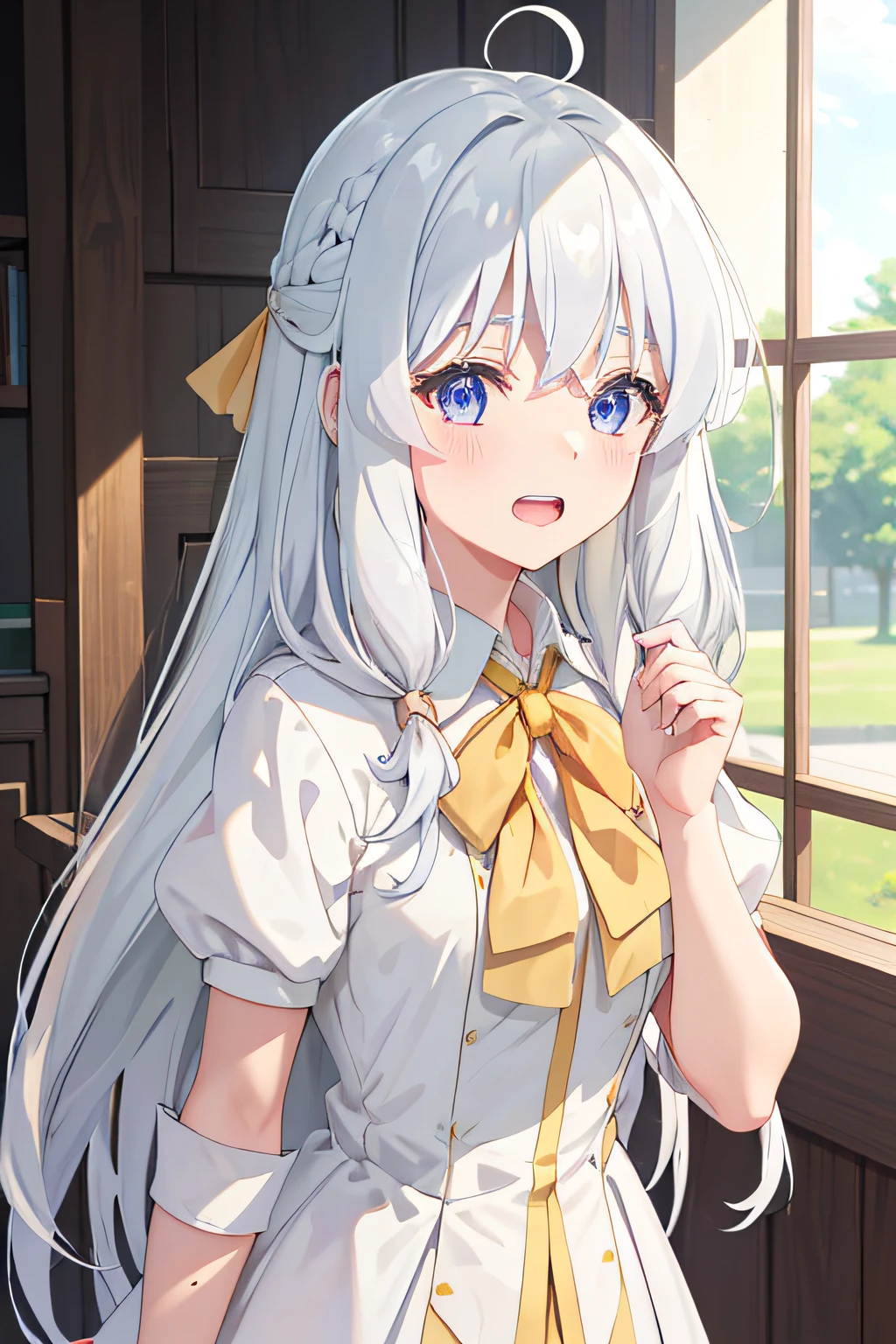 ph elaina, Eoutfit4, ph elaina (Majo no tabitabi), (Masterpiece:1.6, Best quality), (fine detailed beautiful eyes: 1.2), 1girll, Solo, Long hair, ahoge, Blue eyes, White shirt, bow, Braid, Collared shirt, hair between eye, bangs, Sweat, anime coloring, drops of sweat, ribbon, White hair, Upper teeth only, Hair accessories hair bye, teeth, Neck ribbon, Pink bow, yellow ribbon, identical, Hood, yellow bow, mimic, Open clothes, Purple eyes, hair tubes, yellow bowtie
,  Anime color,