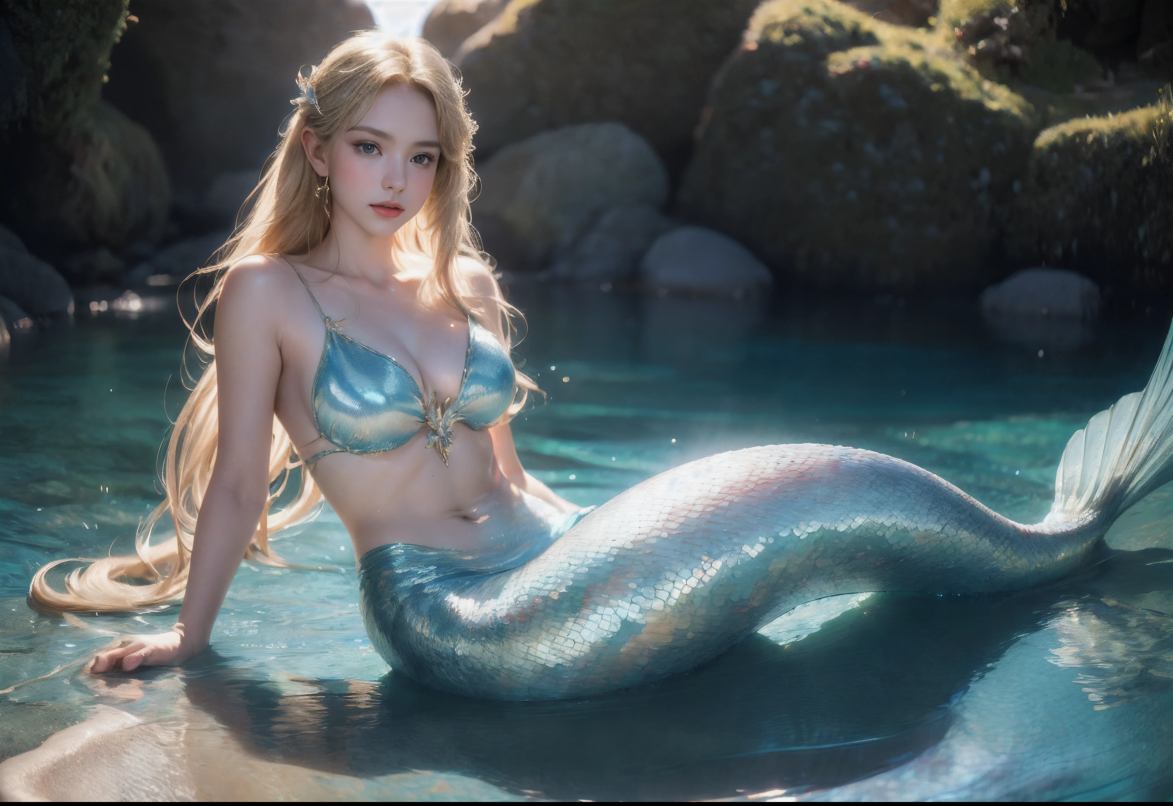 8K  UHD，RAW photo，little mermaid，（slender fish tail:1.3），Red long-haired，The face is delicate，Skin is smooth and delicate，Full breasts，Crystal clear fins，(Real Human:1.3)，(A high resolution:1.4)，(A detailed:1.5)，(photorealestic:1.7)，RAW photo，Portrait Photogram，A real mermaid，RAW photo，超A high resolution，Foto realism，best qualtiy，(highdetailskin，skin detailed)，Visible Pore，Shiny skin，tmasterpiece，finedetail，Colorization，Extremely Delicately Beautiful，Extremely detailed 8k wallpaper，8K high quality，Digital SLR，Mermaid with beautiful details，(looking at viewert)，professional photograph lighting，Faraway view