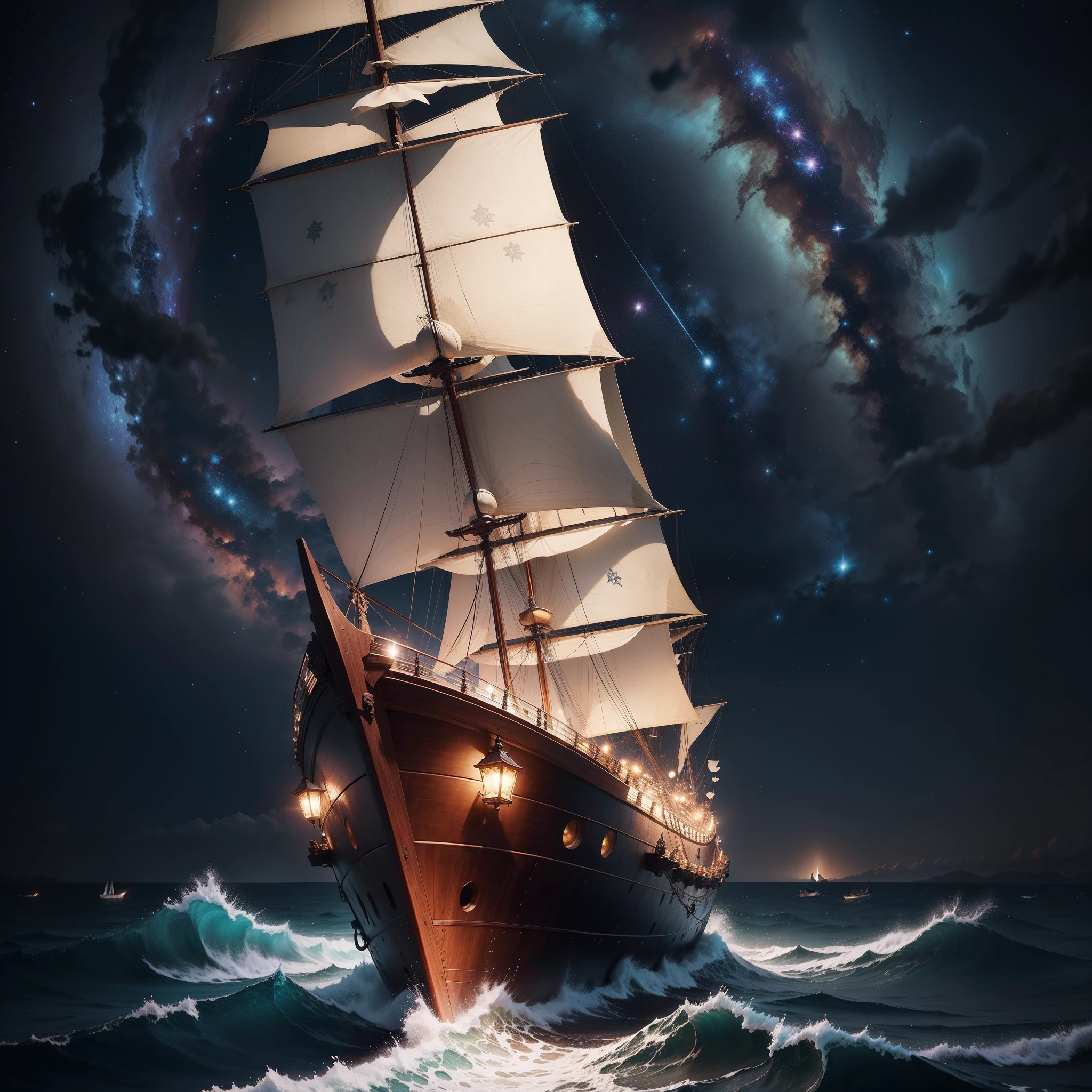 Imagine a cosmic seascape where the mysteries of the universe unfold to infinity. Stars twinkling like a distant lighthouse, And the galaxy swirl in enchanting patterns. In this vast expanse, The peculiar silhouette stands out: Wooden sailing ship, Reminiscent of the great ships of the Age of Discovery.

This is not just a boat. The "Galactic Voyager" Embark on an odyssey that doesn't cross the ocean, however、Through the infinite realm of the universe. Its obsolete trees and ropes, Imbued with a rich history of earthly adventures, Now set sail under another canopy. constellation, Once led the stars for sailors on the ground, Right now、It's right under that wooden plank.

Its sails are swirling not from the earth wind, But from the flow of the universe. The pattern of the sails is the same, Familiar constellations, And yet they seem to be alive, Pulsated with luminous energy. deck, Although made of ground oak and teak wood, Shine under the rays of the foreign sun, Eta、The anchor that was once tied to the sea is、It seems to be ready to anchor on an asteroid or an unfamiliar planet.

Even in this celestial journey, The essence of the great explorer is obvious. They once looked for a new continent; Now, The "Galactic Voyager" In search of a new world, Merging the indomitable spirit of the past with the infinite possibilities of the future.　Making the ocean into space and ships sailing in space。