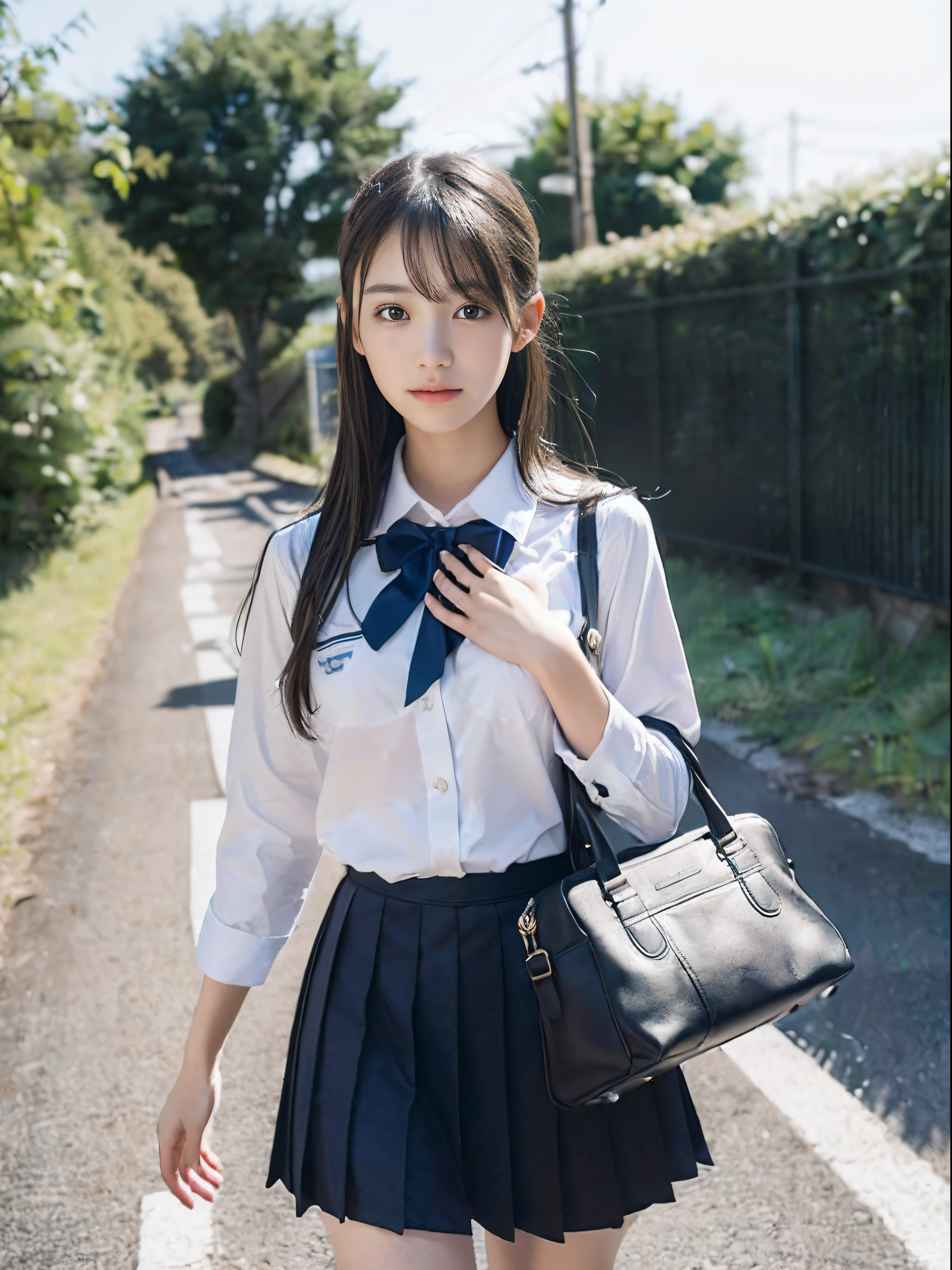 An eight-year-old girl, schoolbag for elementary school students, cute school uniform, animal hanging,