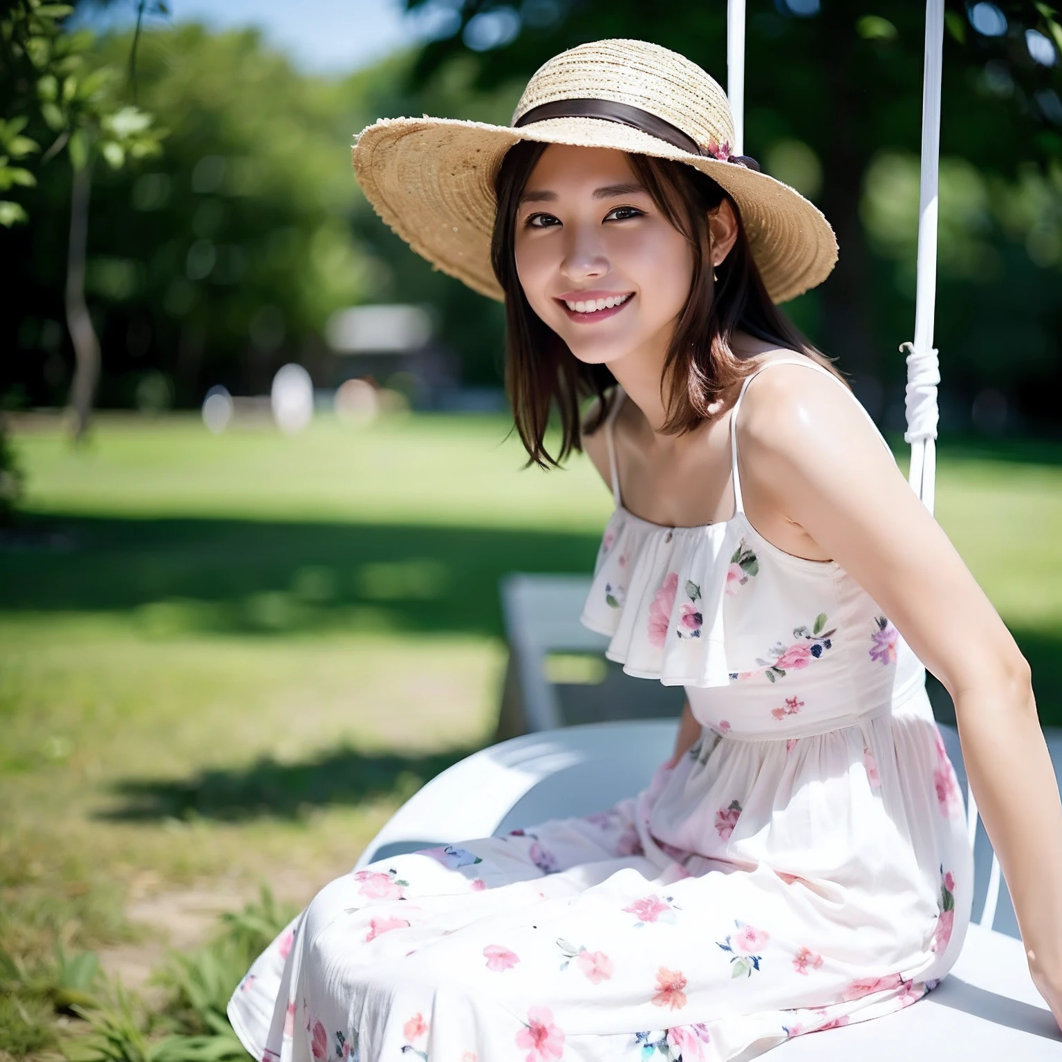 (Gacky:0.9)、Viewer's Perspective、top-quality、超A high resolution、(Photorealsitic:1.4)、1 female、(Floral pattern in white sundress:1.4)、(Straw hat on the head)、the beach、the pose、(low angles)、(bokeh dof)、((Puffy eyes))、(Pose Seductive)、(cleavage of the breast)、(Curvaceous)、full body Esbian、pureerosface_v1、(A smile:1.3)、(Small)breastsout:1.3)、(Platinum white hair in pink tones:1.2)、((masutepiece)), ((best quality 8K)), ((Detailed and detailed)), ((Photorealistic)), ((Hi-Res)), ((Sharp Image)), Park,
Very cute girl sitting on a swing, (Beautifully and in detail depict the features of a girl), Smiling,No underwear、no-bra、Skirt twisted。
