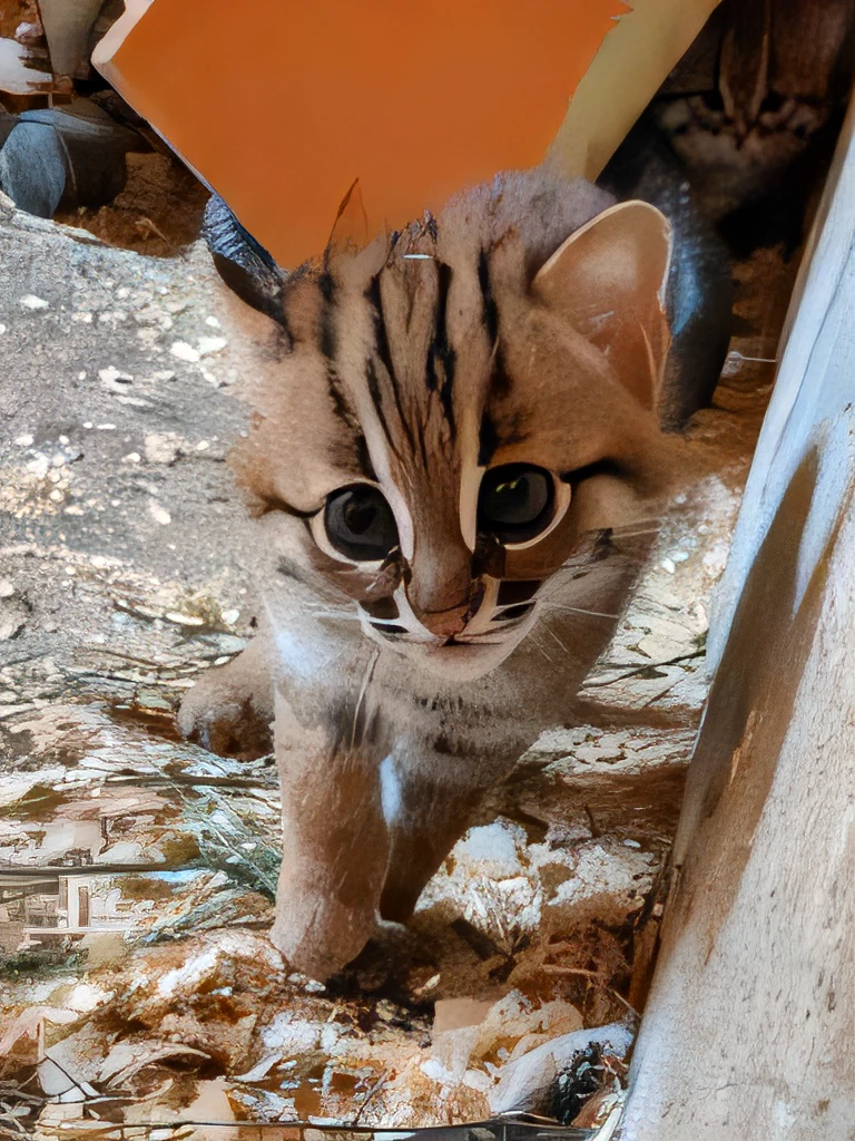 There is a small kitten standing in the soil, Sand Cat, Cute and adorable, r/ohwx, Incredibly cute, ohwx, pain々Adorable, the cutest kitten ever, Cutest, margay, with a large head and big eyes, cute animal, with cute doting eyes, Countless dimly glowing eyes, Slightly smooth, super cute and friendly
