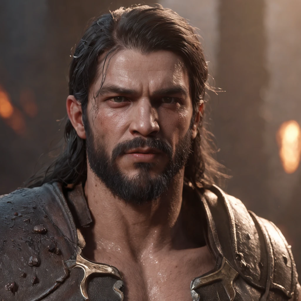 (Professional 3D Rendering:1.3) in the (Realistic:1.3) The most beautiful artwork photos in the world,Features soft and shiny male heroes, ((Epic Hero Fantasy Muscle ManRough Wet Hero Angry Long Hair Short Beard and Ferocious Expression in Dynamic Pose, fantastic location, majestic cluttered environment)), Full body 8K unity rendering, action SHOT, skin pore, Very dark lighting, Heavy shading, Detailed, Detailed face, (Vibrant, photos realistic, Realistic, Dramatic, Dark, Sharp Focus, 8K), (Old leather garments damaged by weathering:1.4), ((((Wear fur)))), (Convoluted:1.4), Decadent, (Highly detailed:1.4), Digital Painting, rendering by octane, art stations, concept-art, Smooth, Sharp Focus, Illustration, Art Germ, (Roisch:0.23), Vlop Ilya Kuvshinov, Gregg Rutkowski and Alphonse Mucha Gracias, (Global Illumination, studio lights, volumettic light), Heavy rain, particles floating, lotr, Fantasy, elf, full body Esbian, ((Dark ancient city background:1.3)),CG Sessa,art stations