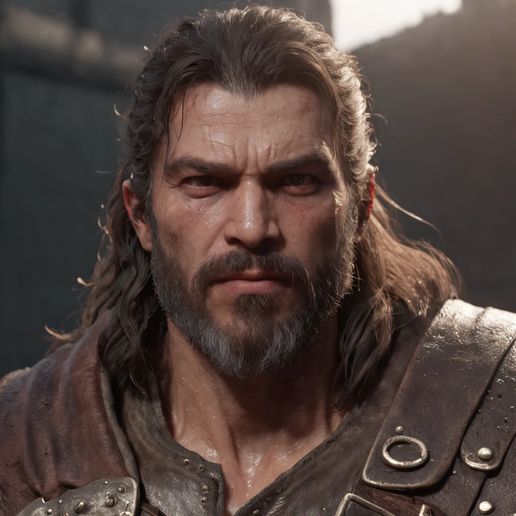 (Professional 3D Rendering:1.3) in the (Realistic:1.3) The most beautiful artwork photos in the world,Features soft and shiny male heroes, ((Epic Hero Fantasy Muscle ManRough Wet Hero Angry Long Hair Short Beard and Ferocious Expression in Dynamic Pose, fantastic location, majestic cluttered environment)), Full body 8K unity rendering, action SHOT, skin pore, Very dark lighting, Heavy shading, Detailed, Detailed face, (Vibrant, photos realistic, Realistic, Dramatic, Dark, Sharp Focus, 8K), (Old leather garments damaged by weathering:1.4), ((((Wear fur)))), (Convoluted:1.4), Decadent, (Highly detailed:1.4), Digital Painting, rendering by octane, art stations, concept-art, Smooth, Sharp Focus, Illustration, Art Germ, (Roisch:0.23), Vlop Ilya Kuvshinov, Gregg Rutkowski and Alphonse Mucha Gracias, (Global Illumination, studio lights, volumettic light), Heavy rain, particles floating, lotr, Fantasy, elf, full body Esbian, ((Dark ancient city background:1.3)),CG Sessa,art stations