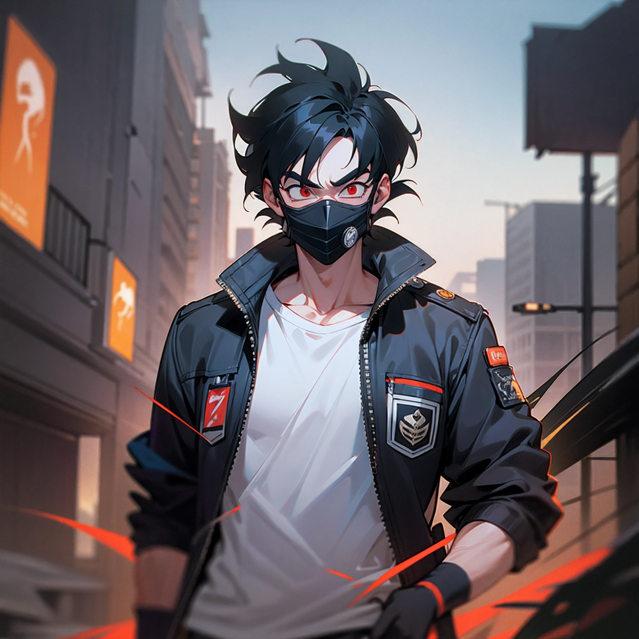 "(((masterpiece)))), best quality, ultra-detailed model, 8k CG unity photo, flawless lighting, quality shadows, a Dragon Ball boy, pushed back haircut , muscle , wearing a black jacket over a white t-shirt , black ClothMask , red eyes , in the night background , black gloves , black mask in his mouth , BLACK JACKET , over the jacket a WHITE SHIRT , BLACK HAIR , in the destroyed city background