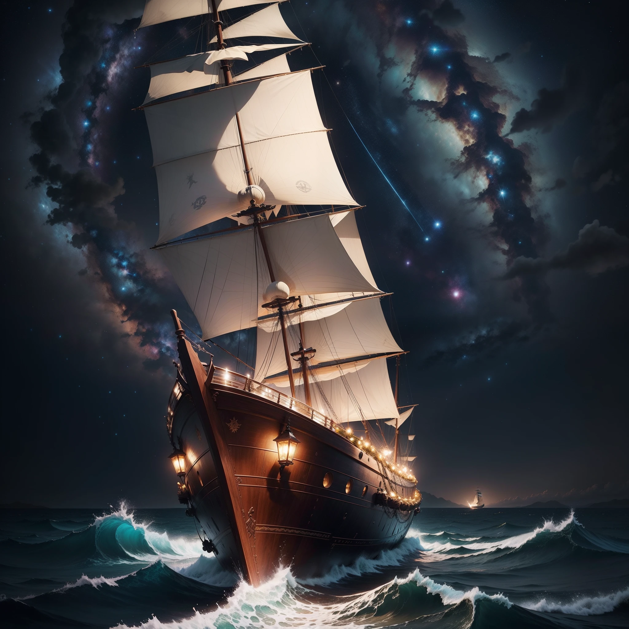 Imagine a cosmic seascape where the mysteries of the universe unfold to infinity. Stars twinkling like a distant lighthouse, And the galaxy swirl in enchanting patterns. In this vast expanse, The peculiar silhouette stands out: Wooden sailing ship, Reminiscent of the great ships of the Age of Discovery.
This is not just a boat. The "Galactic Voyager" Embark on an odyssey that doesn't cross the ocean, however、Through the infinite realm of the universe. Its obsolete trees and ropes, Imbued with a rich history of earthly adventures, Now set sail under another canopy. constellation, Once led the stars for sailors on the ground, Right now、It's right under that wooden plank.
Its sails are swirling not from the earth wind, But from the flow of the universe. The pattern of the sails is the same, Familiar constellations, And yet they seem to be alive, Pulsated with luminous energy. deck, Although made of ground oak and teak wood, Shine under the rays of the foreign sun, Eta、The anchor that was once tied to the sea is、It seems to be ready to anchor on an asteroid or an unfamiliar planet.
Even in this celestial journey, The essence of the great explorer is obvious. They once looked for a new continent; Now, The "Galactic Voyager" In search of a new world, Merging the indomitable spirit of the past with the infinite possibilities of the future. Making the ocean into space and ships sailing in space。