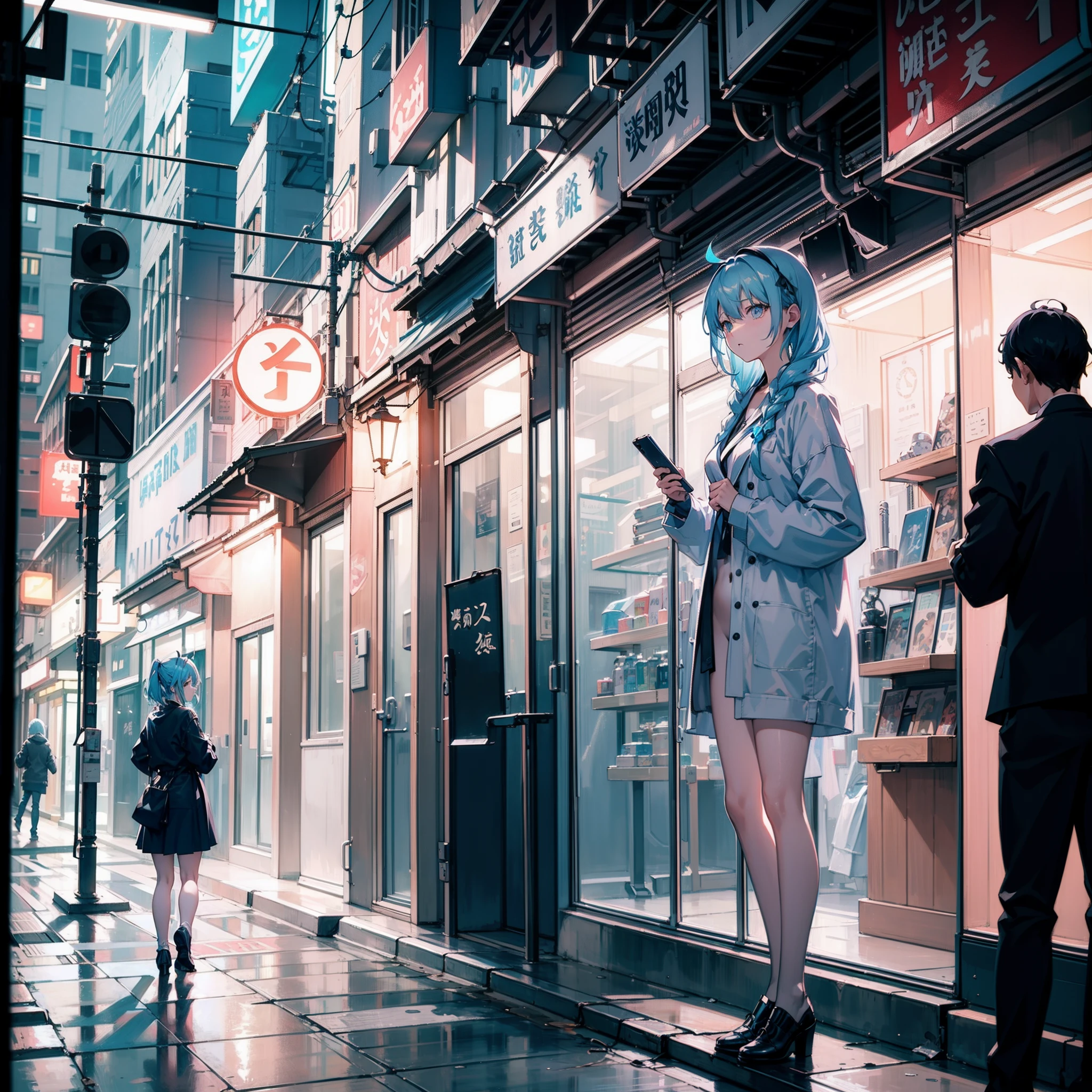 Light blue hair woman standing in night city、A look of shame、shame、naked、Shame pose、Neon Street、(Messy light)、(Best Highlights)、(Best Shadows)、(highestdetailed)、(Highest image quality 8K)、(masutepiece)