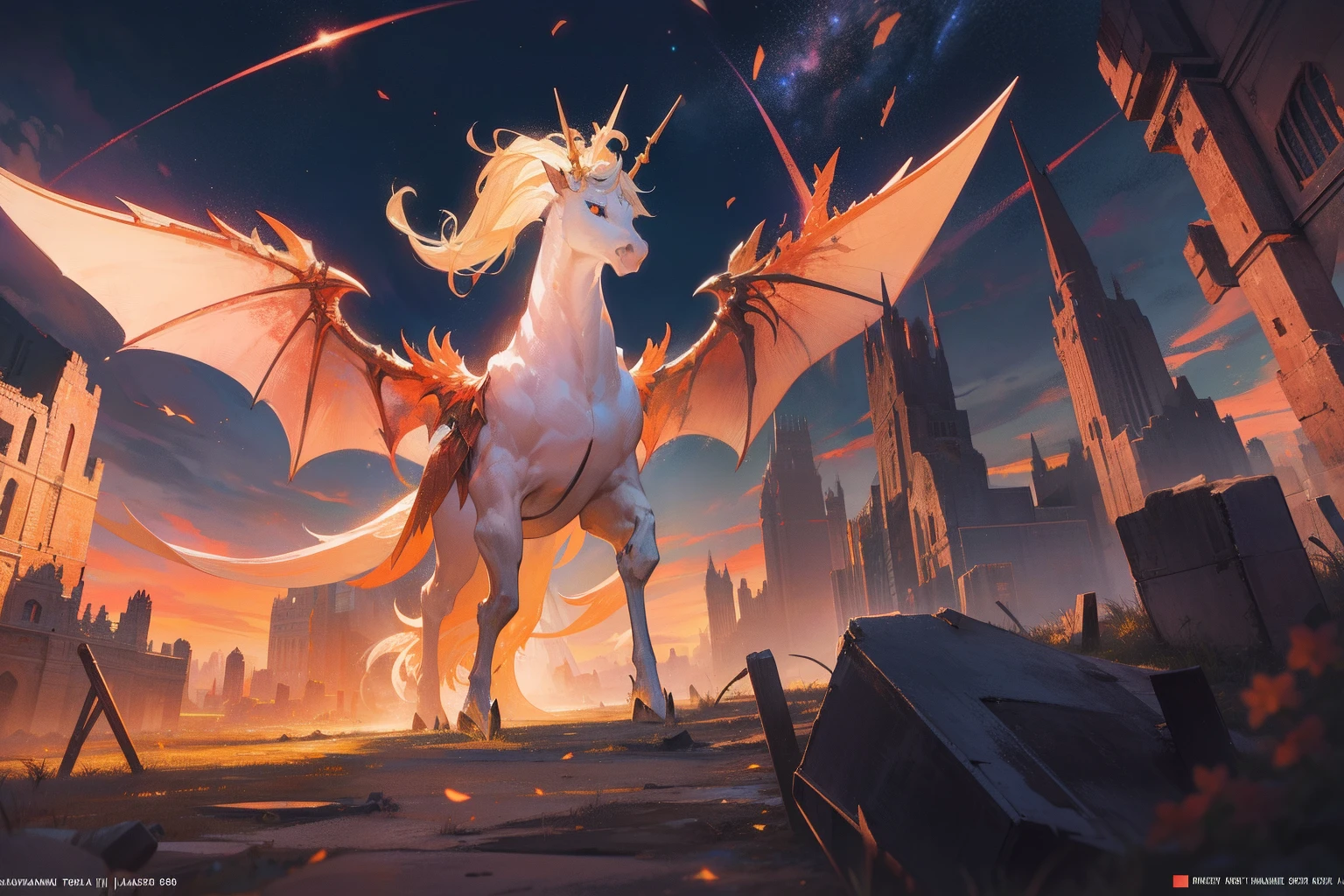 superfine illustration, Best Quality, In a world devoid of humans, a surreal and mythical tableau unfolds in the sky. A majestic dragon soars with iridescent scales glinting in the ethereal light, its wings spanning the heavens. A resplendent phoenix, ablaze with fiery plumage, hovers gracefully beside the dragon, their presence a breathtaking spectacle. Nearby, a graceful unicorn, with a spiraling horn and an aura of purity, completes the trio of mythical creatures.

Beneath this celestial display, the Earth bears the scars of a bygone era. Shattered tanks and war machines lie strewn amidst overgrown ruins, their rusted and broken forms a testament to a war long ended. Nature has slowly reclaimed the land, intertwining with the remnants of destruction, symbolizing the return of peace and the healing of the wounded world. The sky exudes an enchanting and nostalgic aura, while the ground stands as a poignant reminder of the futility of past conflicts, a harmonious yet melancholic blend of myth and history.