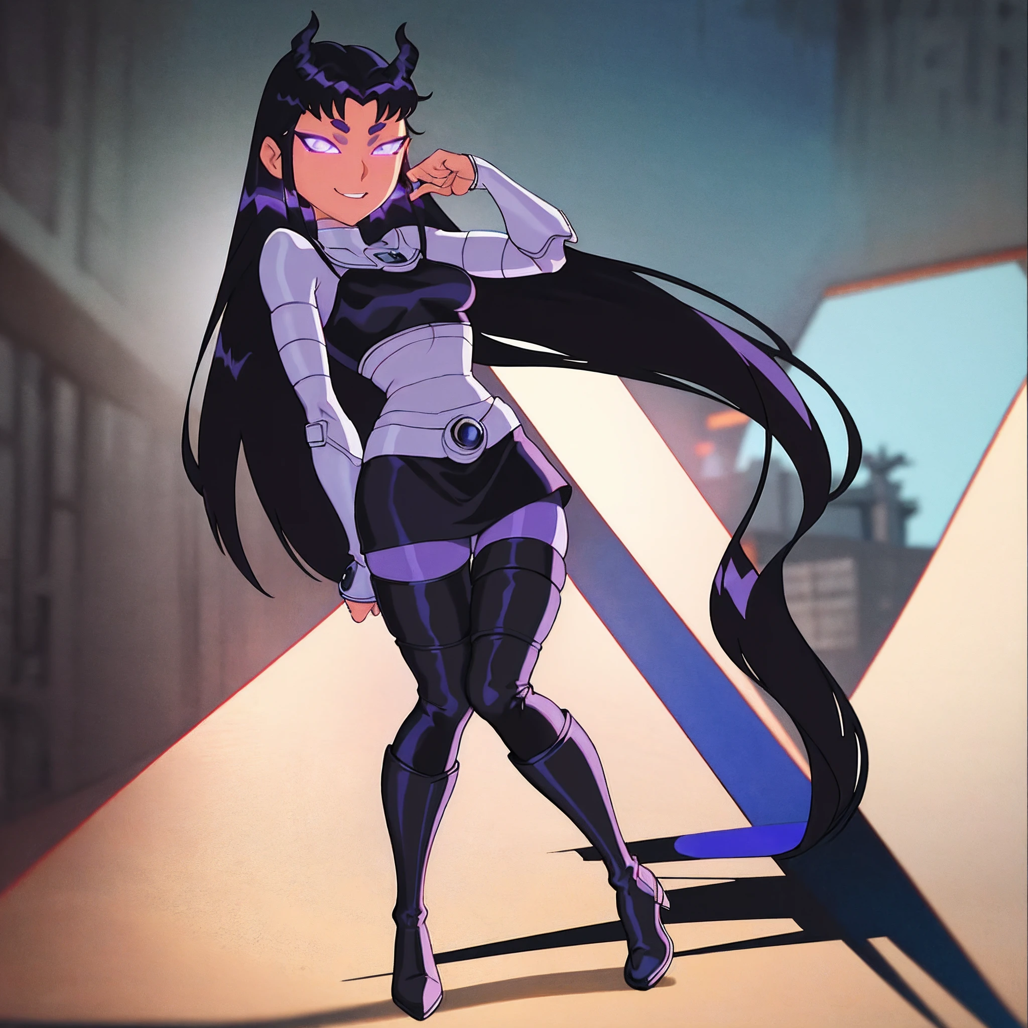 masterpiece, best quality, 1girl, perfect eyes, intricate details, perfect eyes, blackfire, cartoon style, armor, black skirt, black boots, full body, beautiful eyes, miniskirt, black leggings,standing up in a tree, looking down at viewer, POV, smile, full body suit, panthyhose