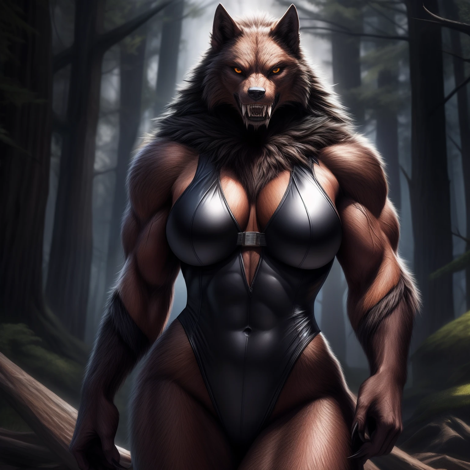 "Realistic depiction of a werewolf woman with the best quality. She wears a black high cut bodysuit, showcasing her muscular physique and large bust. Her hourglass body is thicc and fit. Her fierce demeanor is accentuated by her sharp claws and teeth. She is covered in fur, giving her a monstrous yet sexy appearance."