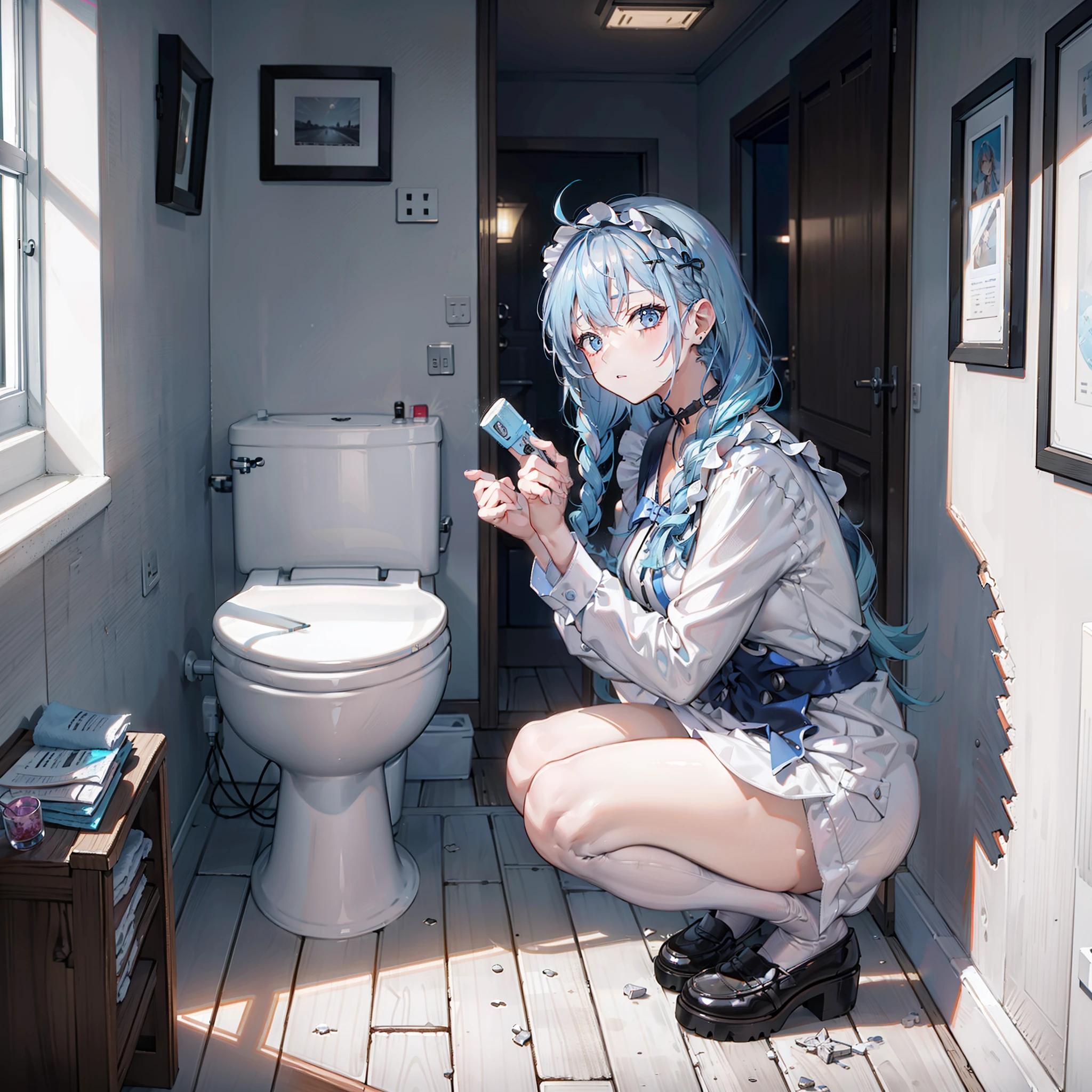 Woman with light blue hair doing toilet、A look of shame、shame、Naked、randome pose、Maids（Messy light）、（Best Highlights）、（Best Shadows）、（highestdetailed）、（Highest image quality 8K）、（masutepiece）