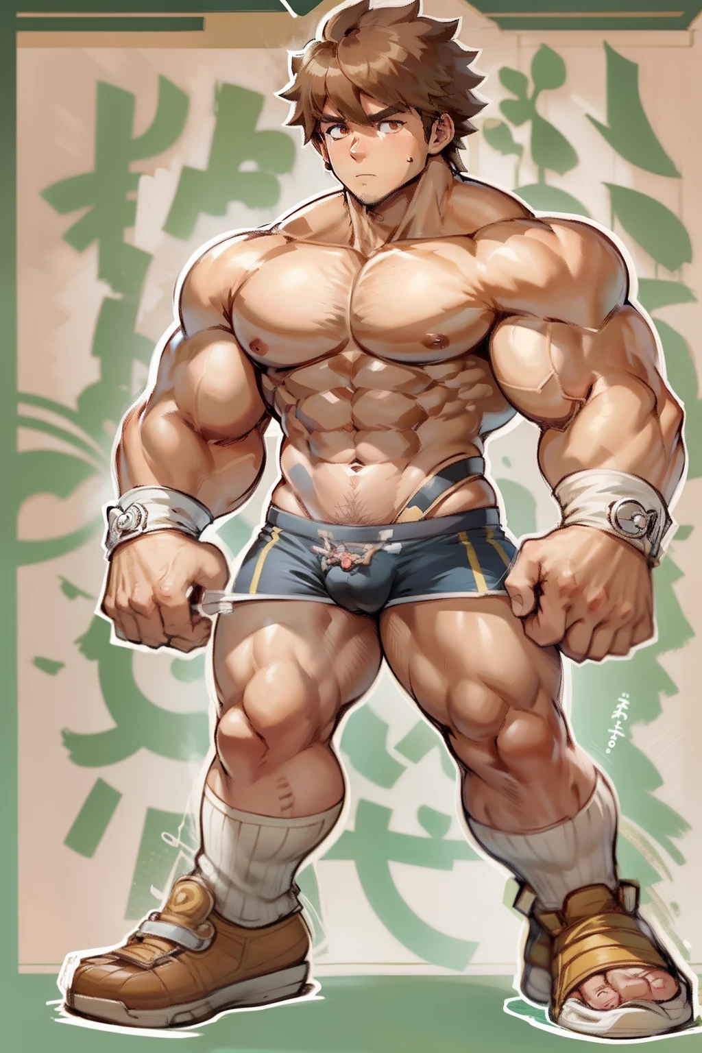 muscular  muscular body, imposing body,Imposing appearance, muscular arms, muscular legs, only body, trapezoid torso, sturdy body, muscular body, defined round and fleshy pecs, defined washboard ABS, defined armsmuscular male soloanime boy, chihiro fujisaki, danganronpa, ite brown floppy hair huge bulge young