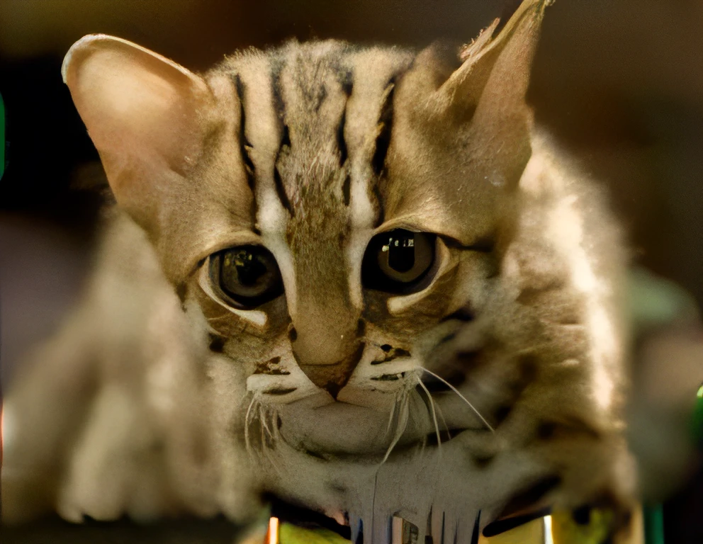 There is a cat sitting at a table looking at the camera, margay, Countless dimly glowing eyes, a cute little cat, with cute doting eyes, Sand Cat, Cat Giraffe Hybrid, with a large head and big eyes, tabaxi male, with pointed ears, Very big eyes, With gorgeous detailed eyes, hybrid of mouse and cat, ohwx