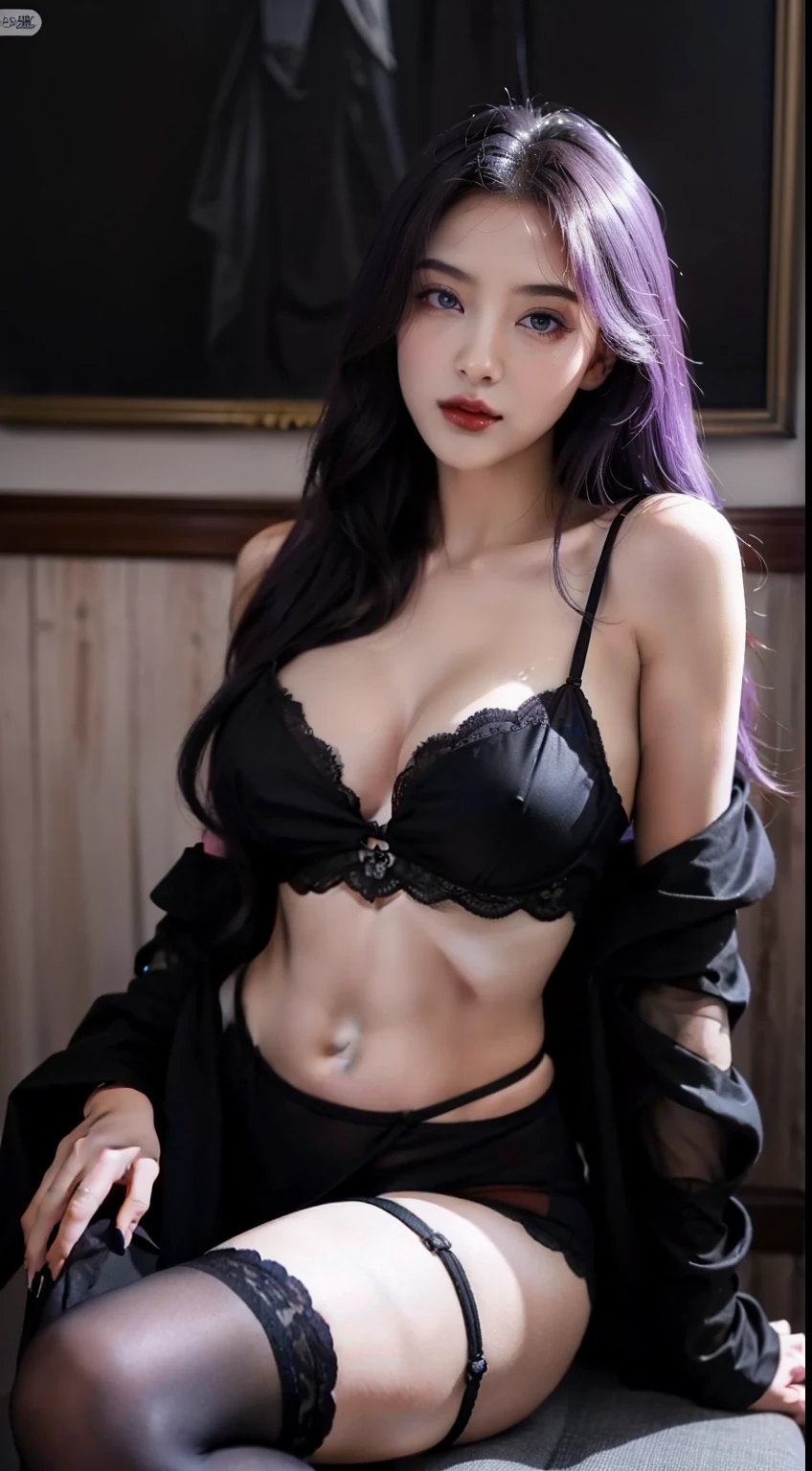 1 European and American beauties: Royal Sister，Beautiful vampire，Wear a black tulle bra，Wrapped in a mixed black and white papal robe，Hot and sexy body，Long flowing hair，Wear black stockings，Thin limbs，Snow-white skin，There is light in the eyes，Melon seed face，Flaming red lips，Make provocative seductive gestures，curlies，Sit on the throne，Purple hair big breasts，Seductive and captivating，Blue pupil，domineering side leak，二重まぶた