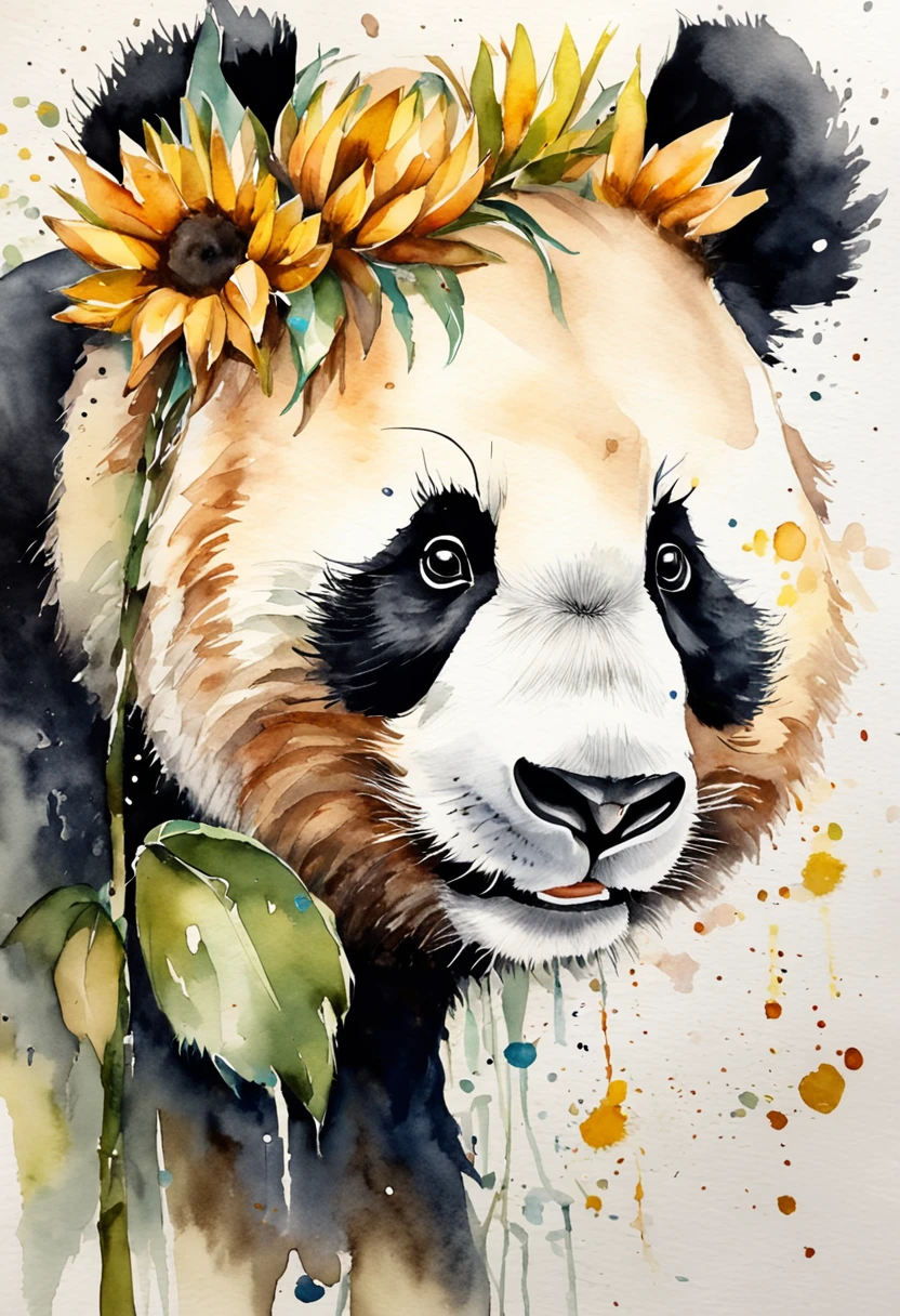 Um panda bonito,Uma abelha, Sunflowers are worn on the head,perspectiva positiva,