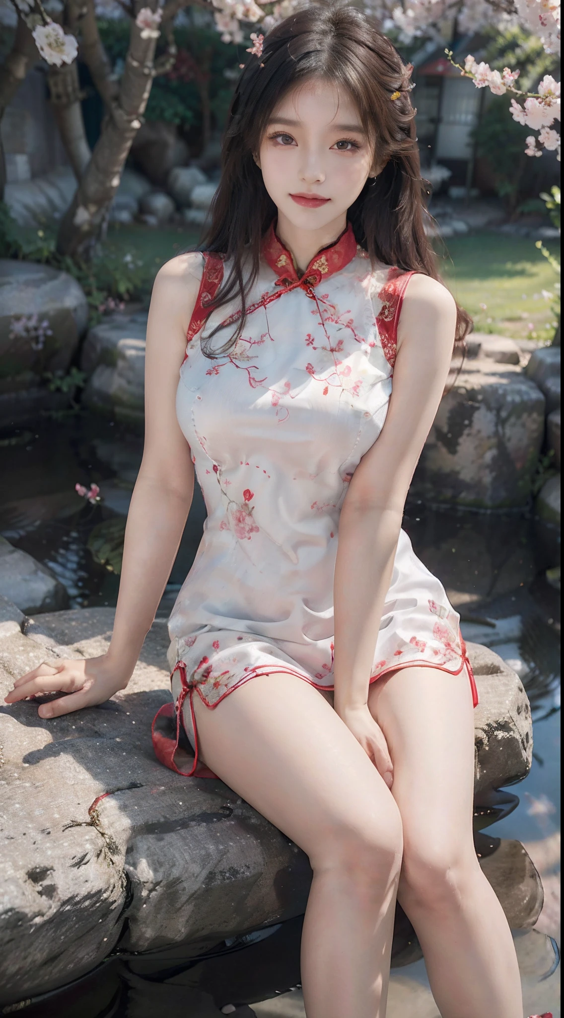 A delicate beautiful girl sitting under a cherry blossom tree,The meadows are covered with cherry blossoms,Cherry blossoms float down from the sky,goddes,Fairy air fluttering,beautidful eyes,Charming eyes,Moisturized lips,Long-haired milk tea gray dumplings,(ssmile:1.3),Detailed portrayal of the face,The expression described in detail,Detailed depiction of facial features,Master masterpieces,finedetail,Describe the role in detail,Detailed depiction of hair,Carefully depicted sexy body,The body is bumpy,Detailed depiction of hands,Clothes depicted in detail,Detailed portrayal of the face,s the perfect face,(Finely depicted hands,4 fingers with one thumb:1.3),orthofacial,choker necklace,lipsticks,eardrop,Works of masters,Infinitely close to reality,(fully body photo:1.4),Highest image quality,best qualityer,infinite details,8K分辨率,(((Beautifully patterned embroidered cheongsam 1.3))),(((on cheongsam))),((cherry blossom tree background)),Slender legs,upper legs,The barefoot,Perfect body proportion,fully body photo,full bodyesbian