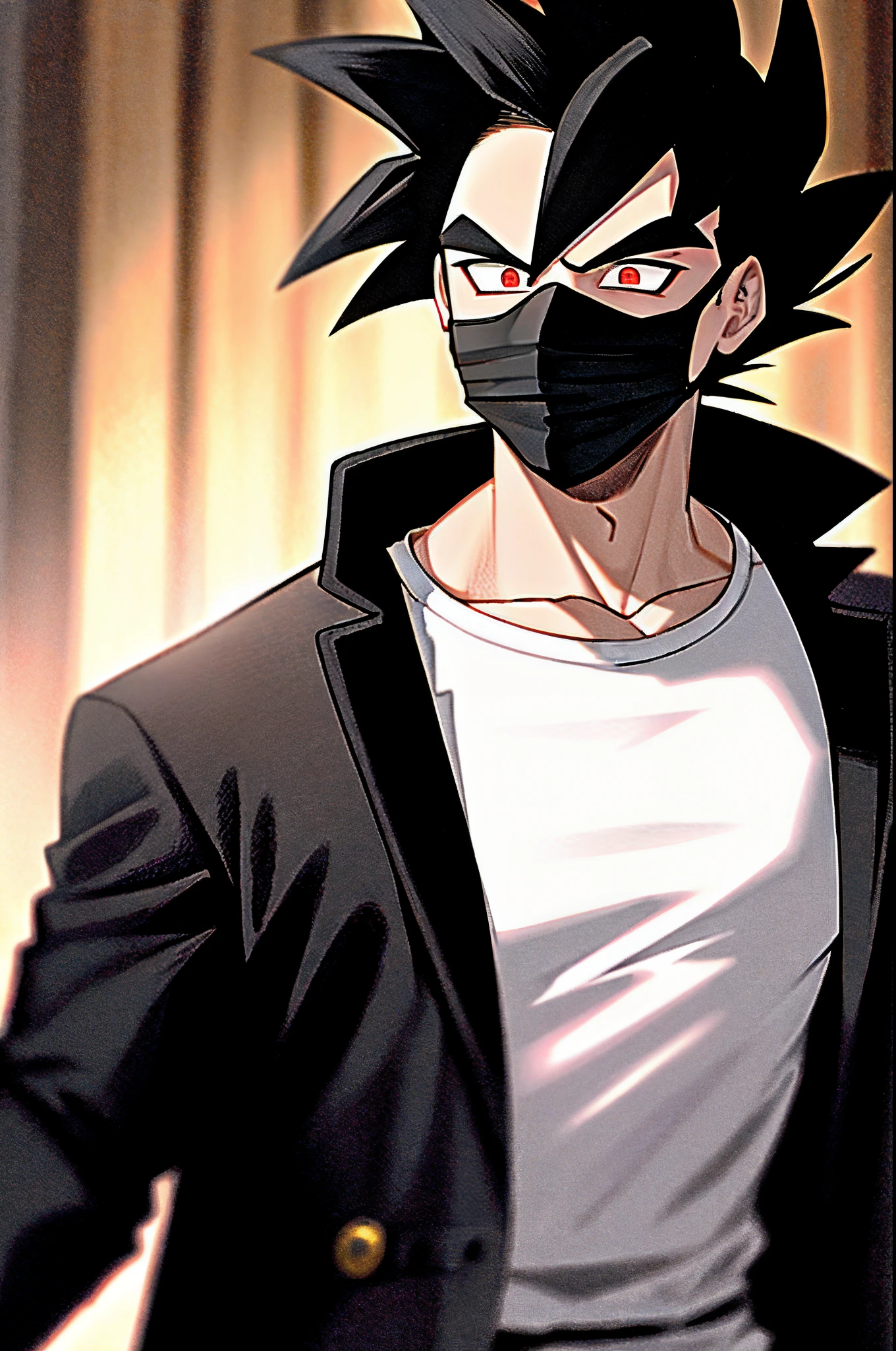 "(((masterpiece)))), best quality, ultra-detailed model, 8k CG unity photo, flawless lighting, quality shadows, a Dragon Ball boy, pushed back haircut , muscle , wearing a black jacket over a white t-shirt , black ClothMask , red eyes , in the night background , black gloves , black mask in his mouth , BLACK JACKET , over the jacket a WHITE SHIRT , BLACK HAIR , in the destroyed city background , black mask in his mouth
