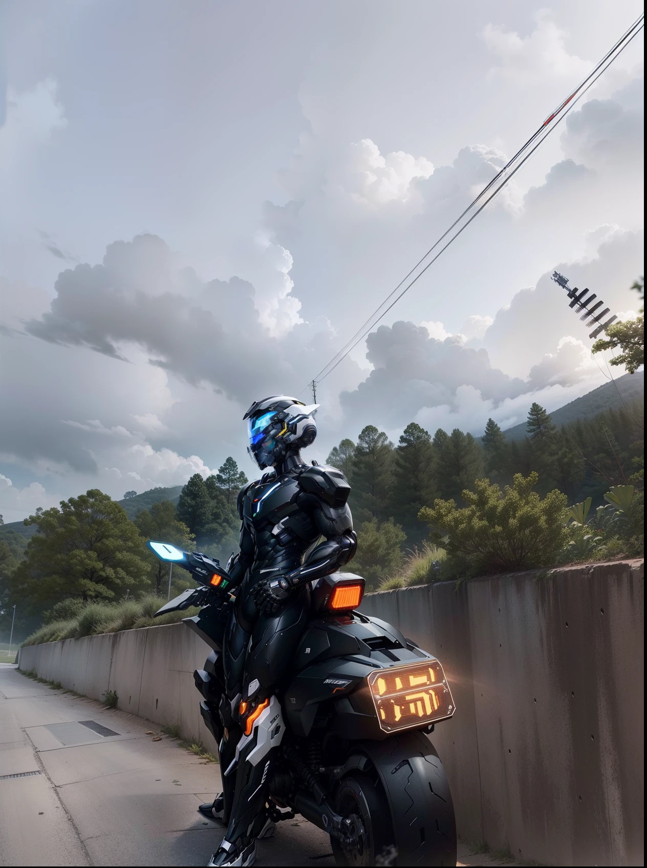 Handsome full body black mecha white short hair cyber handsome warrior, black cyber mechanical motorcycle, high-tech black full surround helmet, white short hair, Nousr, biomechanics, MSHN robot man, high-tech helmet, surreal, steel, complex design, crazy details, fine details, extremely clear lines, cinematic lighting, photo realism, detailed masterpiece