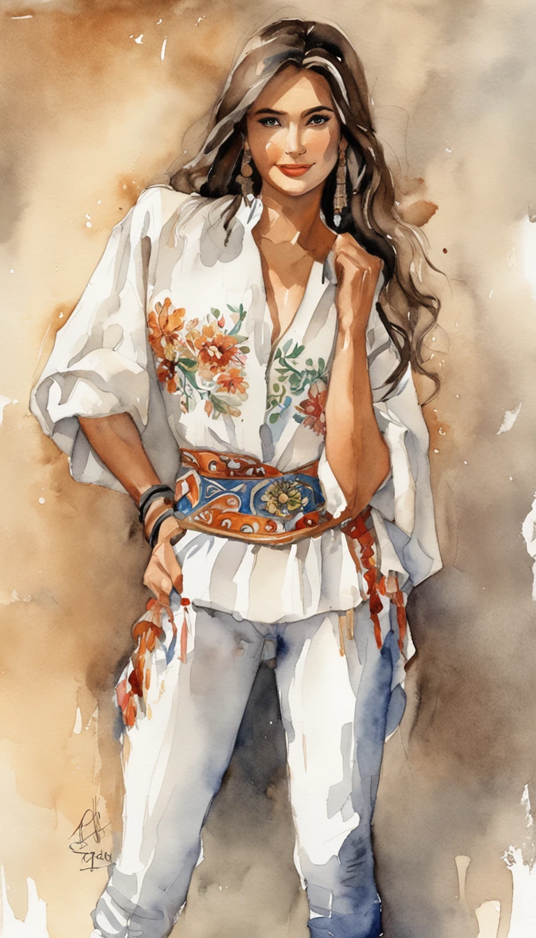 Hermosa joven morena con rulos, argentina, Standing on stage at a folk recital, Llevar una remera sin mangas con tirantes con el texto "Folclore Anuritay" impreso, Clothes in rustic colors, vaqueros, hipy, in front of camera, realista, Detalles de gran intrincado, (obra maestra ), 32K