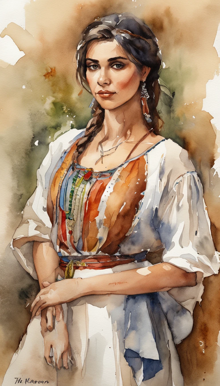 Hermosa joven morena con rulos, argentina, Standing on stage at a folk recital, Llevar una remera sin mangas con tirantes con el texto "Folclore Anuritay" impreso, Clothes in rustic colors, vaqueros, hipy, in front of camera, realista, Detalles de gran intrincado, (obra maestra ), 32K