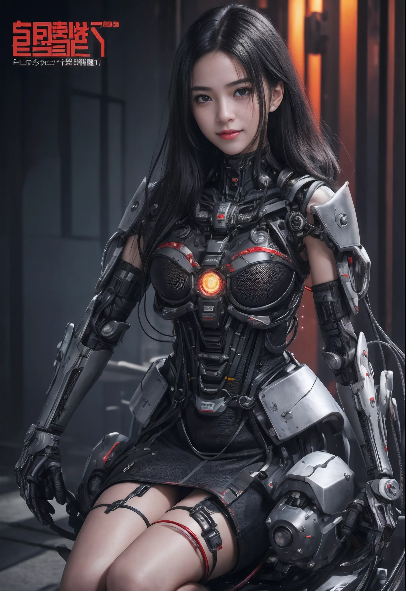 of the highest quality, masutepiece, Ultra High Resolution, (Photorealistic: 1.4), Raw photo, 1 Cyberpunk Girl, Black hair, Glossy skin, 1 Mechanical Girl, (super realistic details)), Full body, Global Illumination, Contrasty, shadowy, Octane Rendering, 8K, ultrasharp, Cleavage exposed, Raw skin, Metal, Intricate decoration details, Japan details, high intricate detailed, Realistic light, Trends in CG, Facing the camera, neon details, Mechanical limbs, blood vessels connected to tubes, Mechanical vertebrae attached to the back, Mechanical cervical attachment to the neck, Wires and cables connecting to the head, Gundam, Small LED lamps.18 years old girl、silber hair、Perfectly round pupils、Tremendous irisディテール, light smile, sexy pose, cyberpunk library