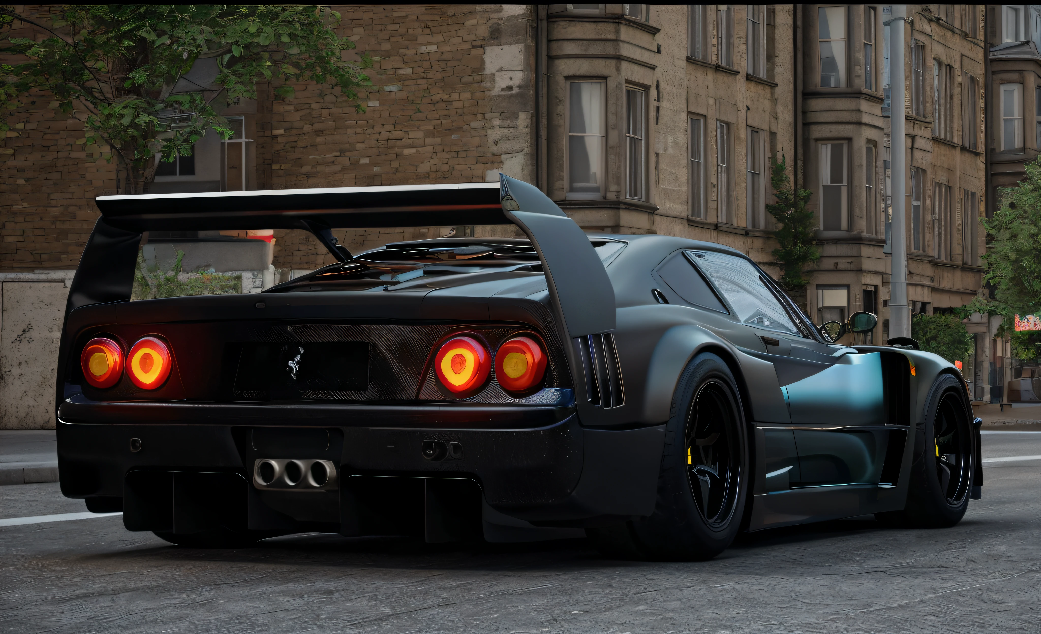 Stylish, tactical Ferrari F40 Competizione in matte black, 3D automotive concept art created by Wallace Corporation, cyberdine systems, RDA and hanka robotics, ground shadows, in a night time city square, trending on artstation, cgsociety, crepuscular rays, shot with a canon cine prime wide angle lens, unreal engine, octane render, (((masterpiece)))