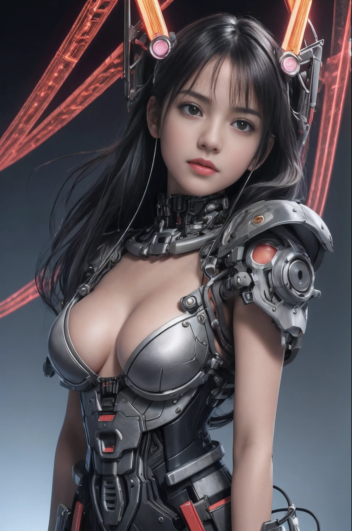 of the highest quality, masutepiece, Ultra High Resolution, (Photorealistic: 1.4), Raw photo, 1 Cyberpunk Girl, Black hair, Glossy skin, 1 Mechanical Girl, (super realistic details)), Full body, Global Illumination, Contrasty, shadowy, Octane Rendering, 8K, ultrasharp, Cleavage exposed, Raw skin, Metal, Intricate decoration details, Japan details, high intricate detailed, Realistic light, Trends in CG, Facing the camera, neon details, Mechanical limbs, blood vessels connected to tubes, Mechanical vertebrae attached to the back, Mechanical cervical attachment to the neck, Wires and cables connecting to the head, Gundam, Small LED lamps. girl、silber hair、Perfectly round pupils、Tremendous irisディテール