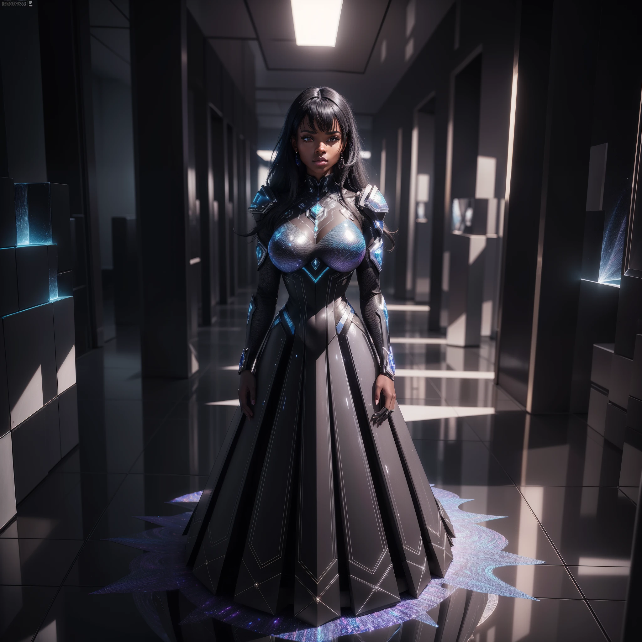 a beautiful black woman in a reflective dress standing in a room full of cubes, with iridescent light, highly detailed images, vibrant beautiful colours, photorealistic image, 8k, ultra HD, unreal engine rendered, cinematic lighting, artgerm style,